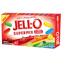 Jell-O Super Mix, Assorted Fruits, Multi-Coloured, 120-g, Chewy Candy, for Birthday/Party Favour Front_Angled_Left