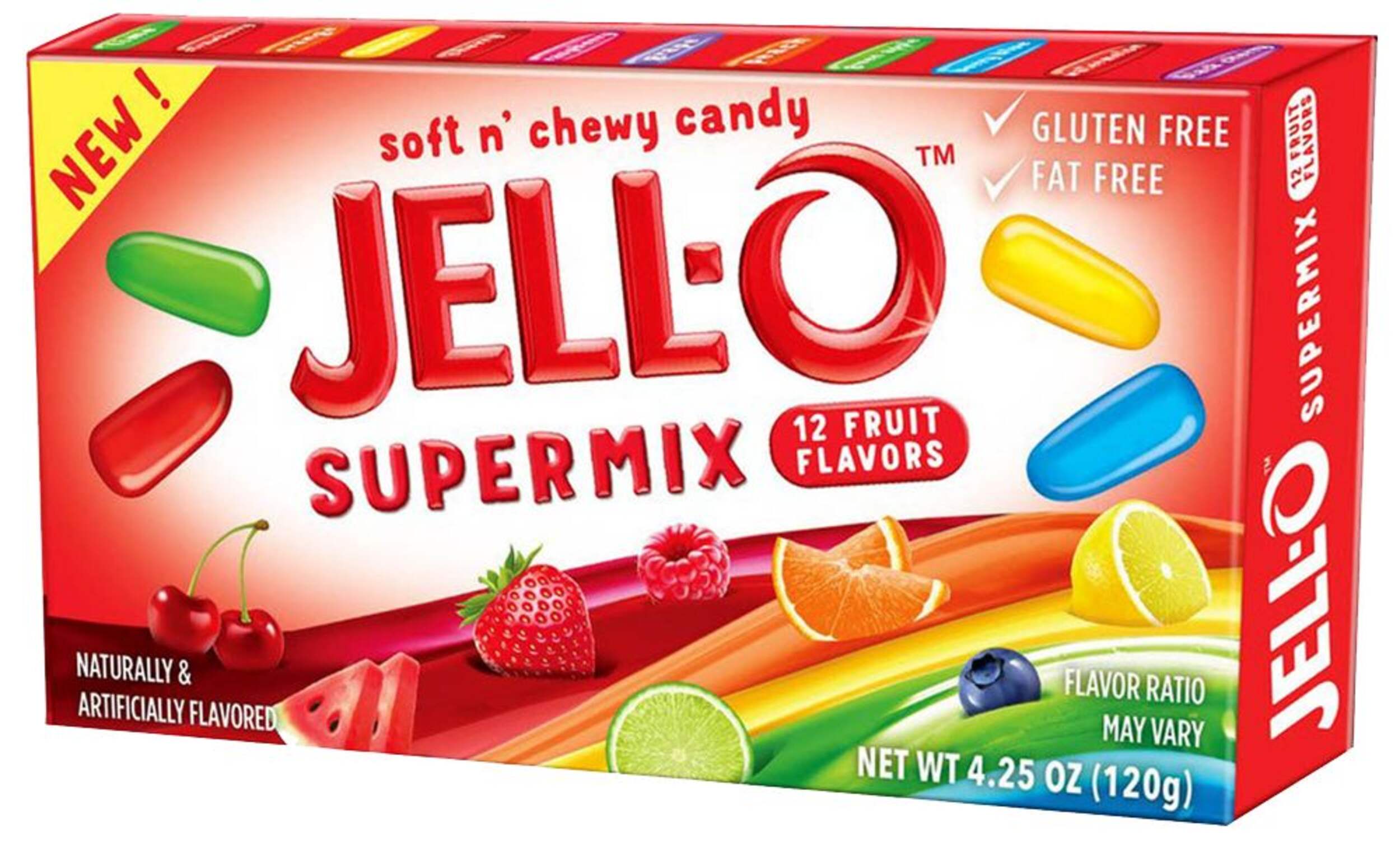 Jell-O Super Mix, Assorted Fruits, Multi-Coloured, 120-g, Chewy Candy, for Birthday/Party Favour Front_Angled_Left