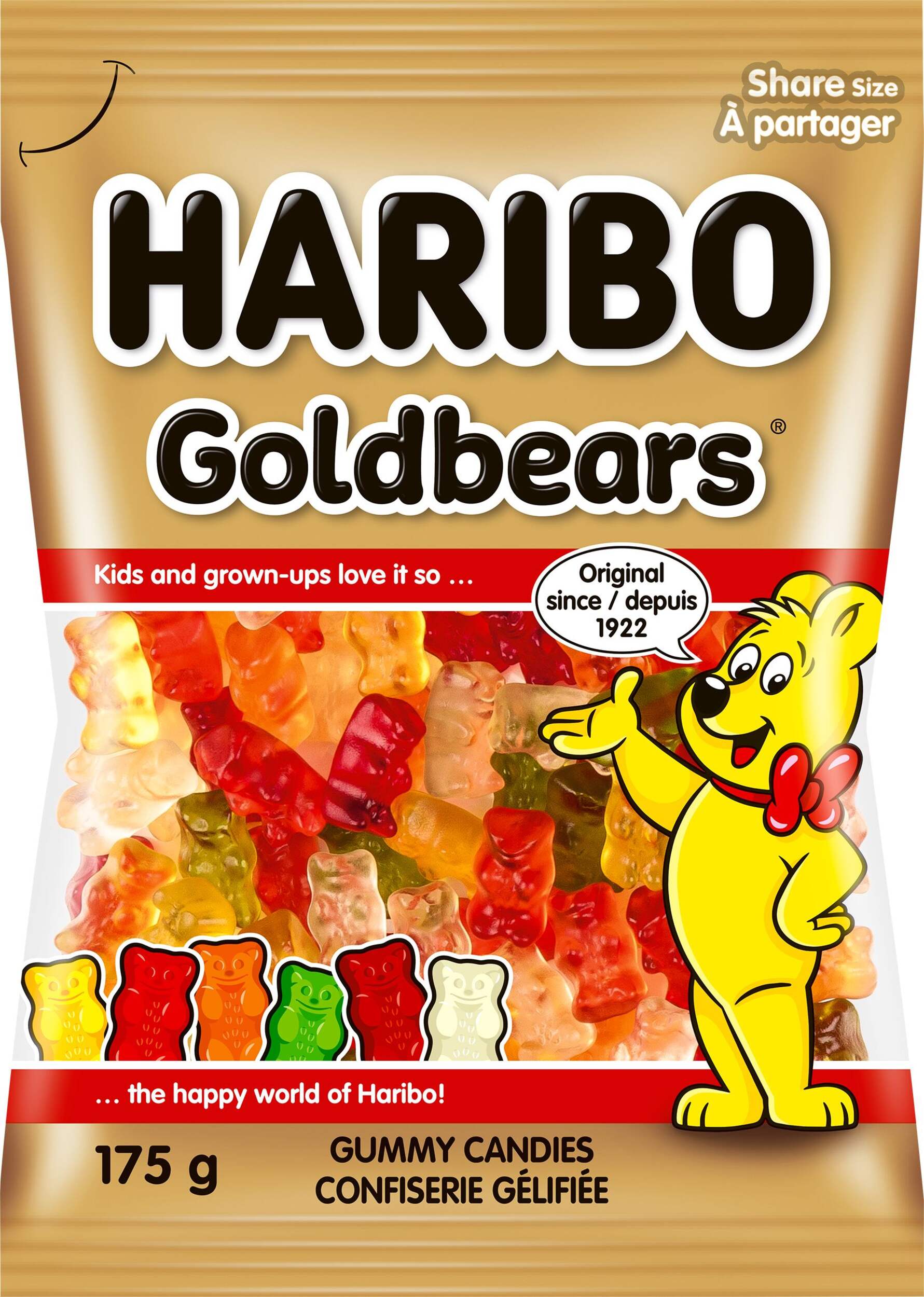 Haribo Goldbear Gummy Bears, Assorted Fruits, Multi-Coloured, 175-g, Chewy Candy, for Birthday/Party Favour, Gummy Bears Assorted Fruits Front_Flat