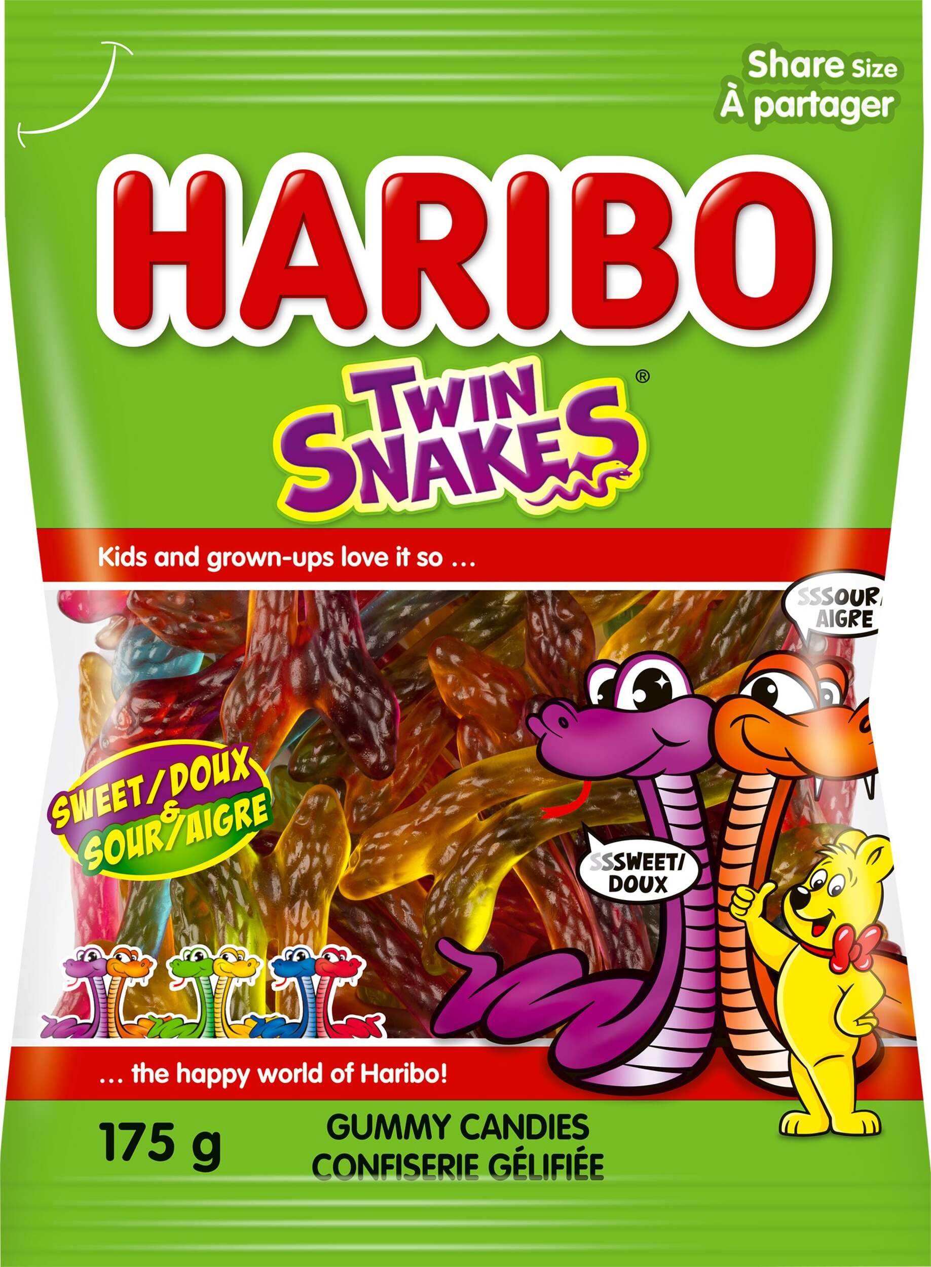 Haribo Snake Gummy Twins, Sour & Sweet, Multi-Coloured, 175-g, Chewy Candy, for Birthday/Party Favour, Sour and Sweet Gummy Candy Front_Flat