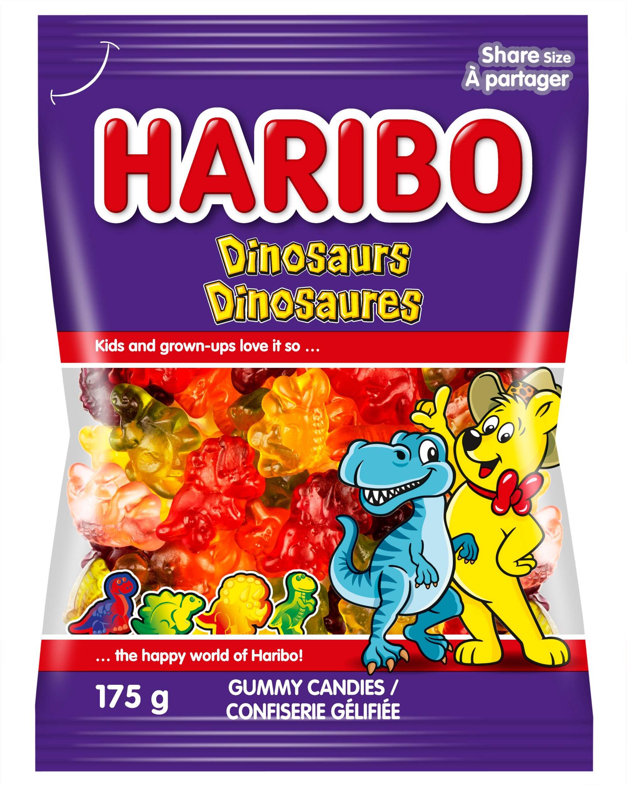 Haribo Dinosaur Gummies, Assorted Fruits, Multi-Coloured, 175-g, Chewy Candy for Parties, for Birthday/Party Favour Front_Flat
