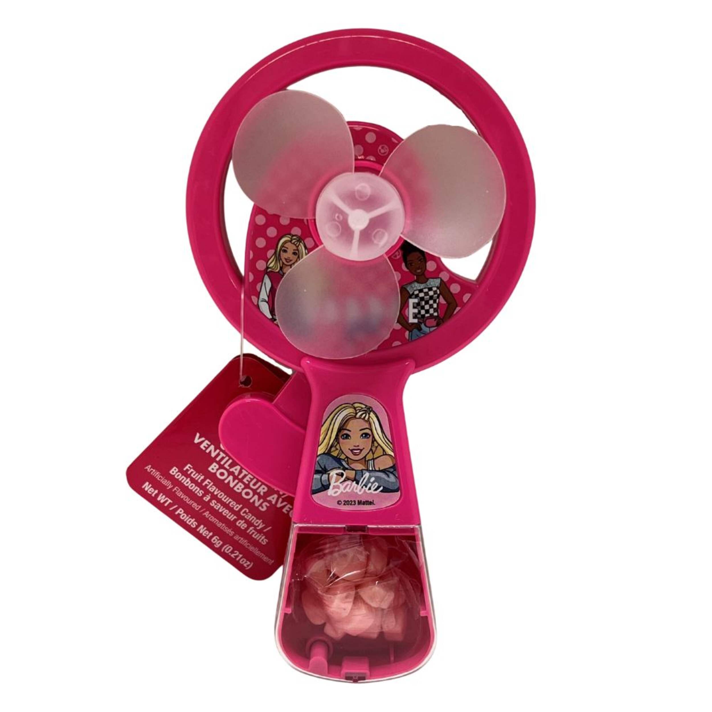 Mattel Barbie Candy Fan, Assorted Fruits, Pink, 6-g, Fruity Hard Candy, for Birthday/Party Favour Front_Flat