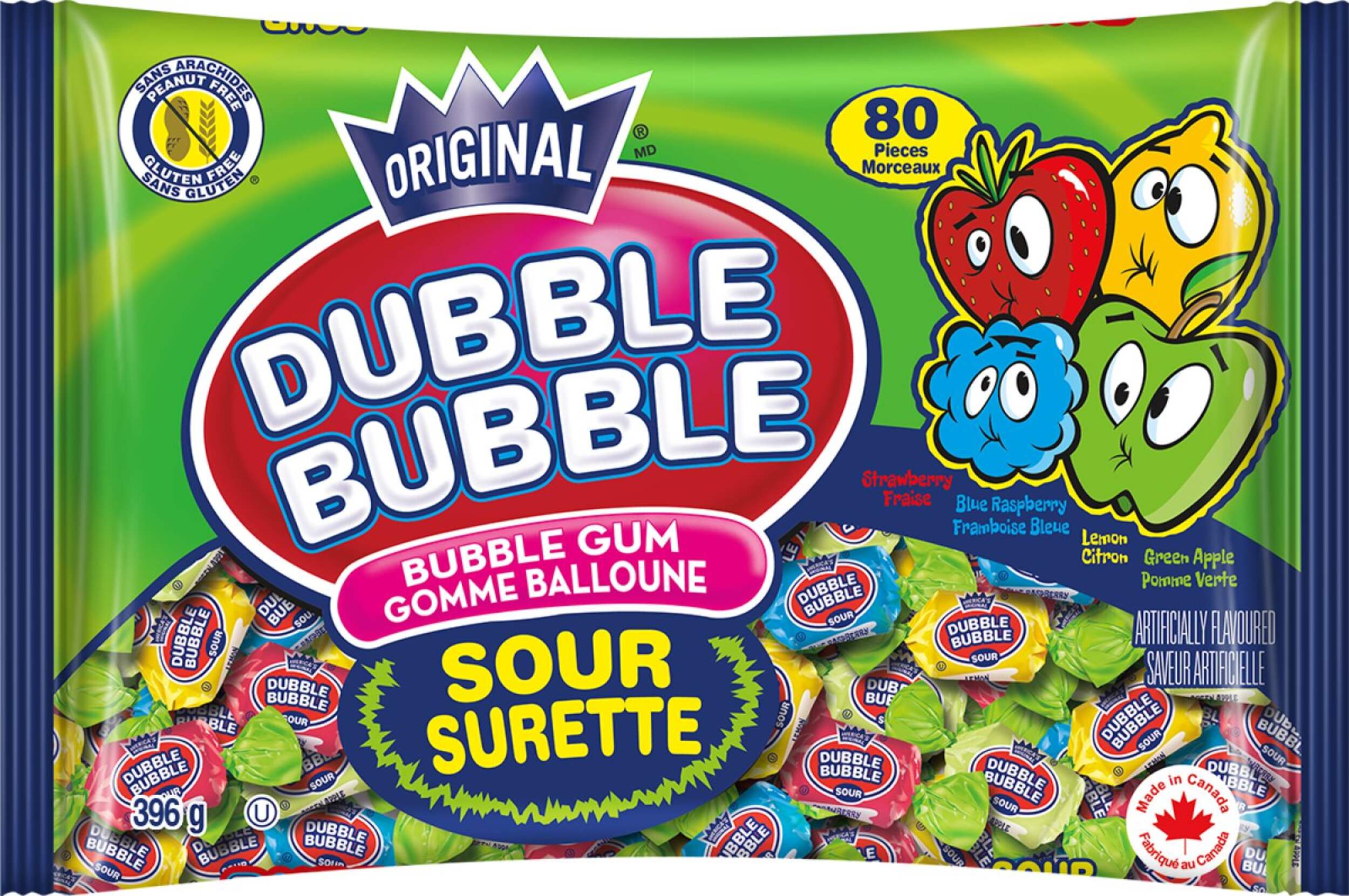 Dubble Bubble Twist Sour Gum, Strawberry/Blue Raspberry/Lemon/Green Apple, Multi-Coloured, 80-pk, Gum, for Birthday/Party Favour/Halloween Front_Flat