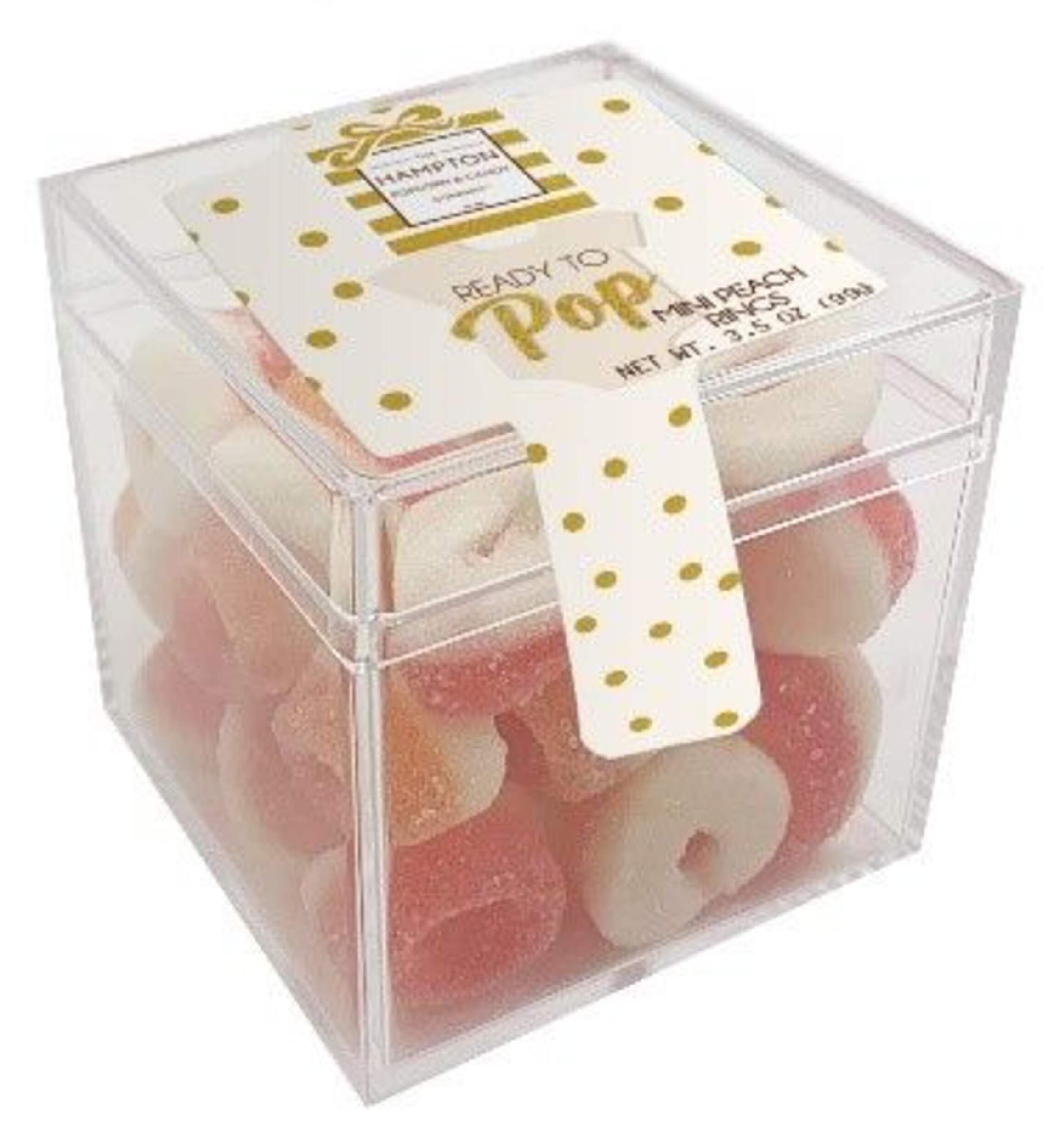 "Ready to Pop" Mini Gummy Peach Rings, Pink/White, 113-g, Chewy Candy, for Gender Reveal/Baby Shower Front_Angled_Right