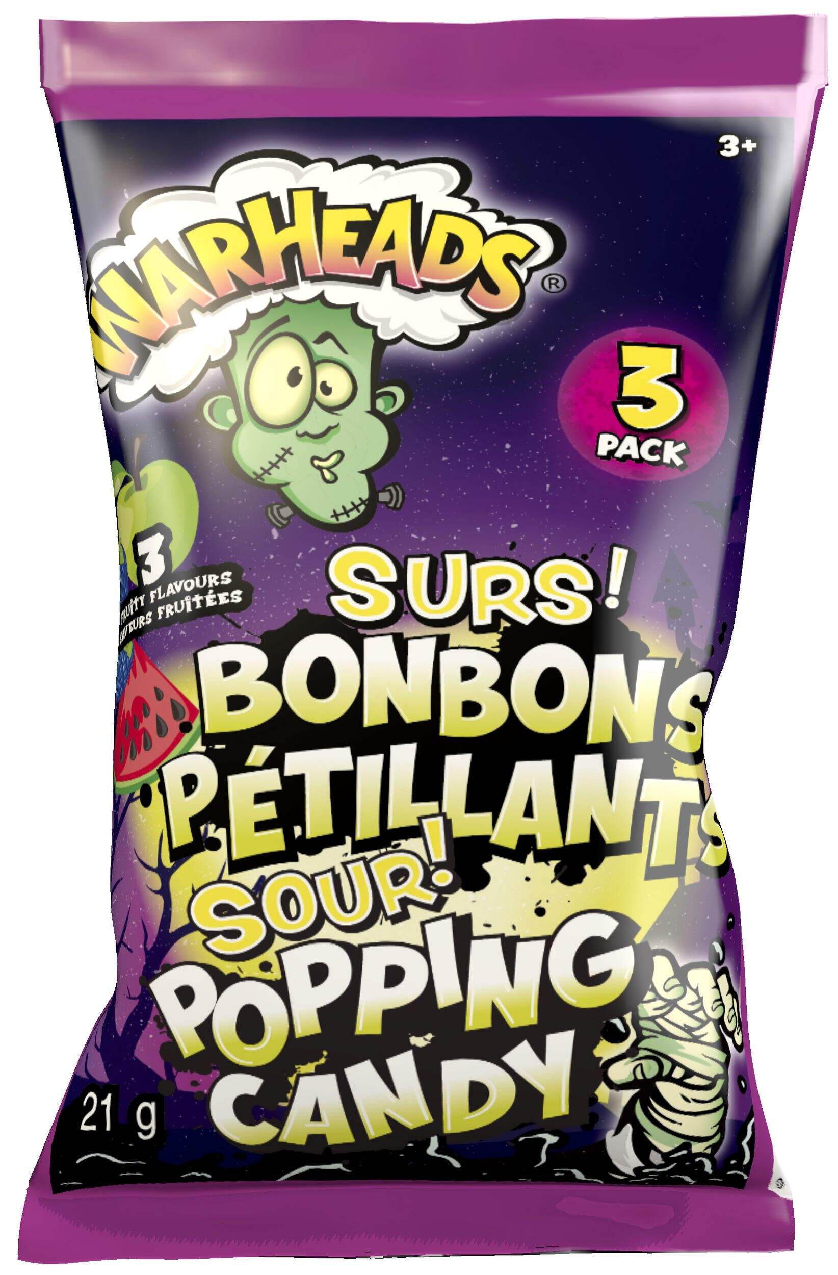 Warheads Sour Popping Candy, Watermelon/Apple/Raspberry, Multi-Coloured, 21-g, 3-pk, Candy for Halloween Front_Flat