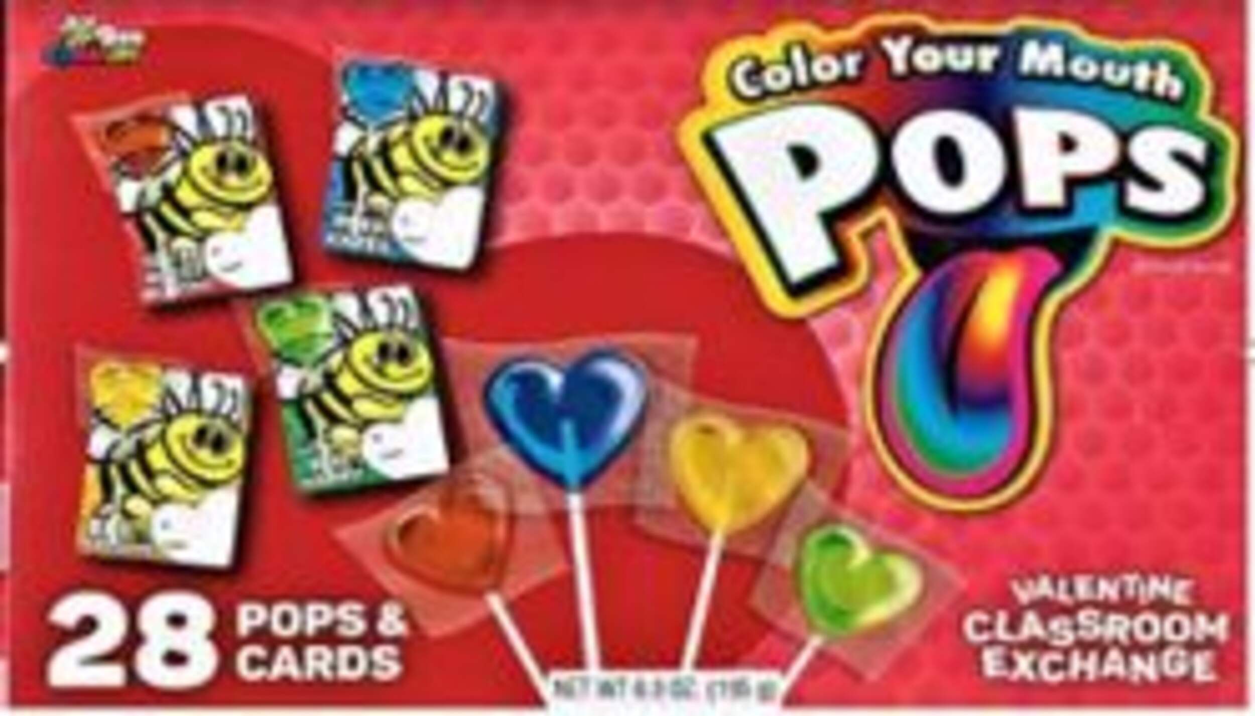 Colour Your Mouth Classroom Exchange Heart Shaped Lollipops & Cards, Assorted Flavours, Blue/Yellow/Green, 28-pk, Hard Candy, for Valentine's Day Front_Flat