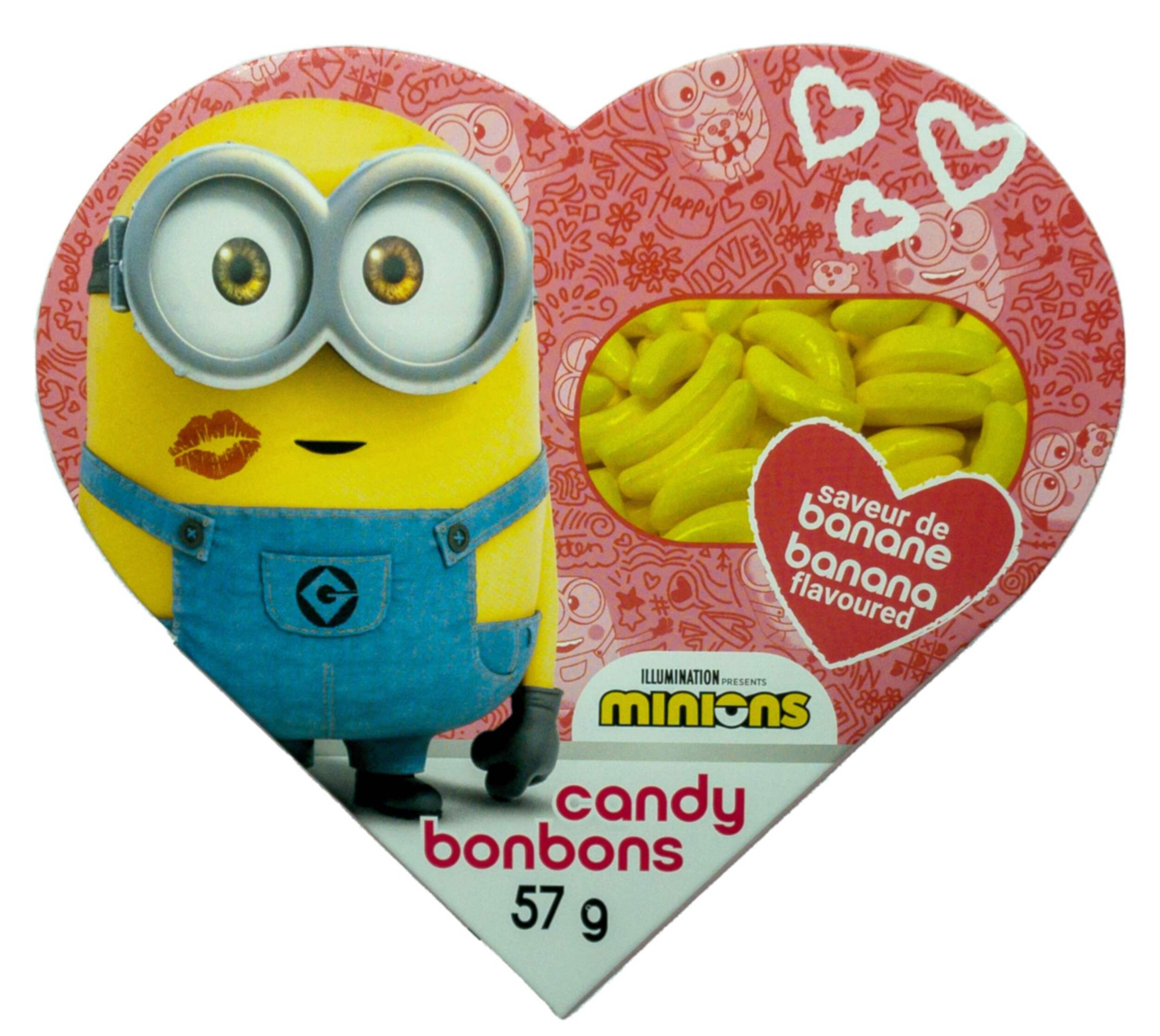 Despicable Me Minions Valentines Heart Box, Banana, Yellow, 57-g, Hard Candy, for Valentine's Day Front_Flat