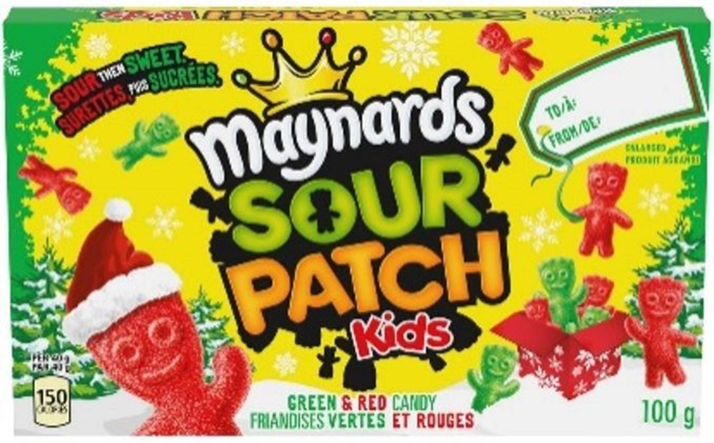 Maynards Sour Patch Kids Holiday Gummy Box, Sour & Sweet, Red/Green, 100-g, Chewy Candy, for Christmas Front_Elevated