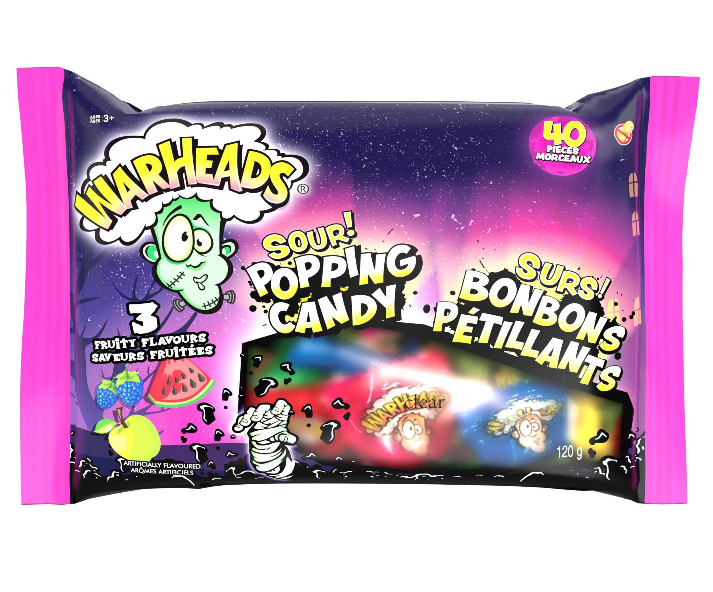 Warheads Sour Popping Candy, Watermelon/Apple/Raspberry, Multi-Coloured, 120-g, 40-pk, Candy for Halloween Front_Flat