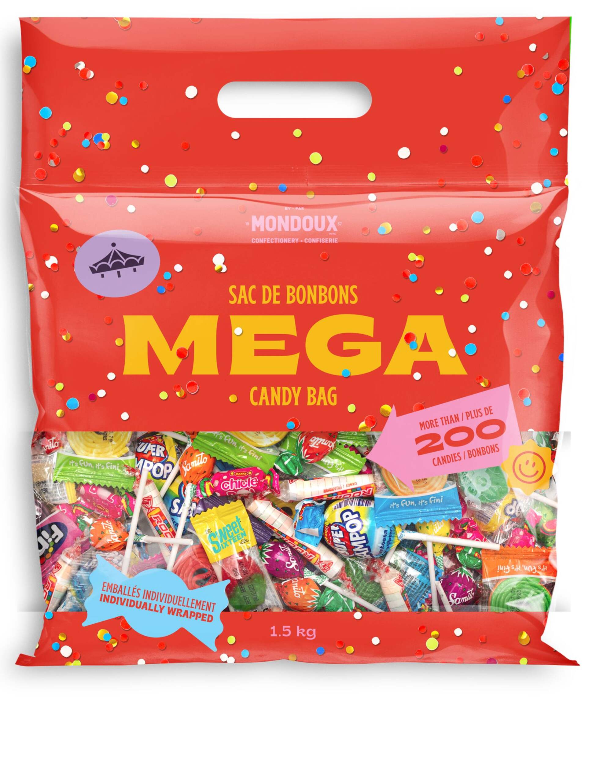 Mondoux Mega Candy Bag, Variety Pack, Multi-Coloured, 1.5-kg, 200-pk, Candy for Halloween Front_Flat