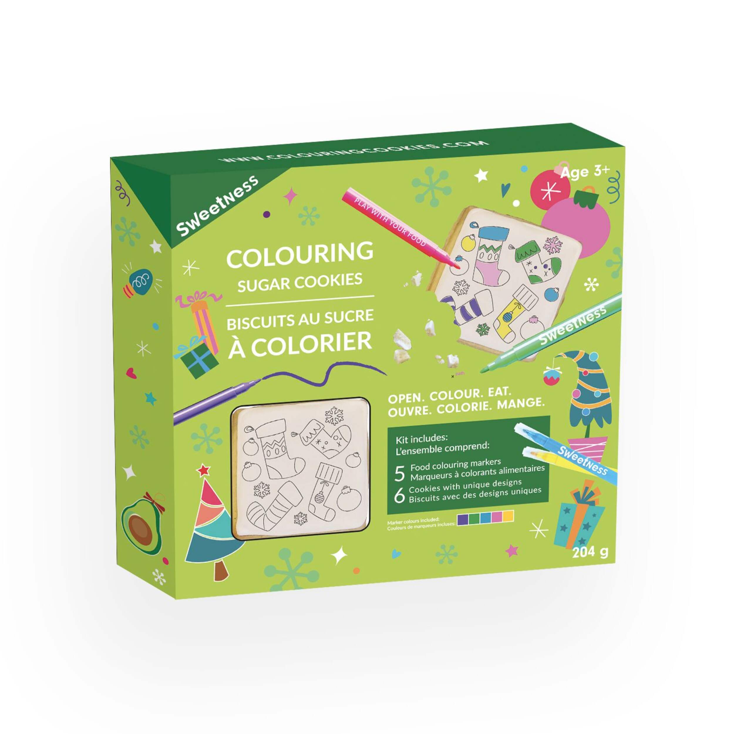 Deck The Halls Colouring Edible Sugar Cookie Kit, Vanilla, White, 6-pk, for Christmas Front_Angled_Right