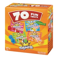 Maynards Assorted Mini Swedish Berries/Swedish Fish/Sour Patch Kids/Fuzzy Peach, Variety Pack, Orange, 875-g, 70-pk, Candy for Halloween Front_Three_Fourths_Angled_Left