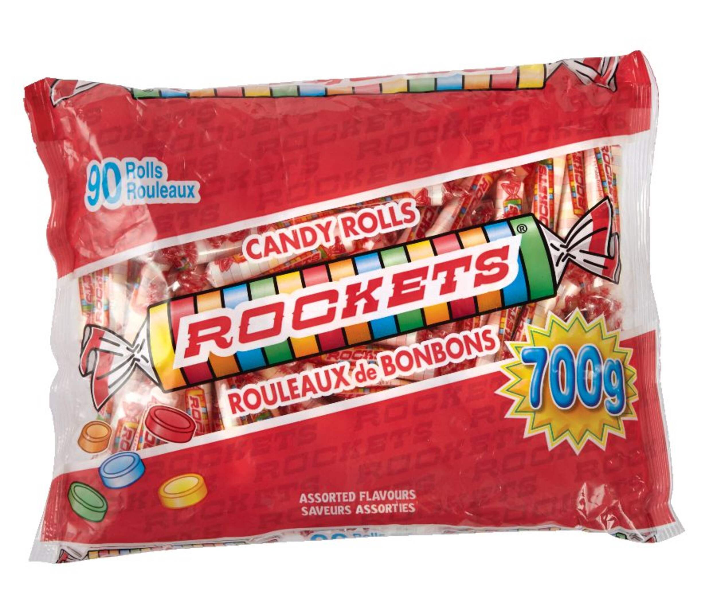 Rockets Candy Rolls, Tangy, Multi-Coloured, 700-g, 90-pk, Candy for Halloween Front_Flat