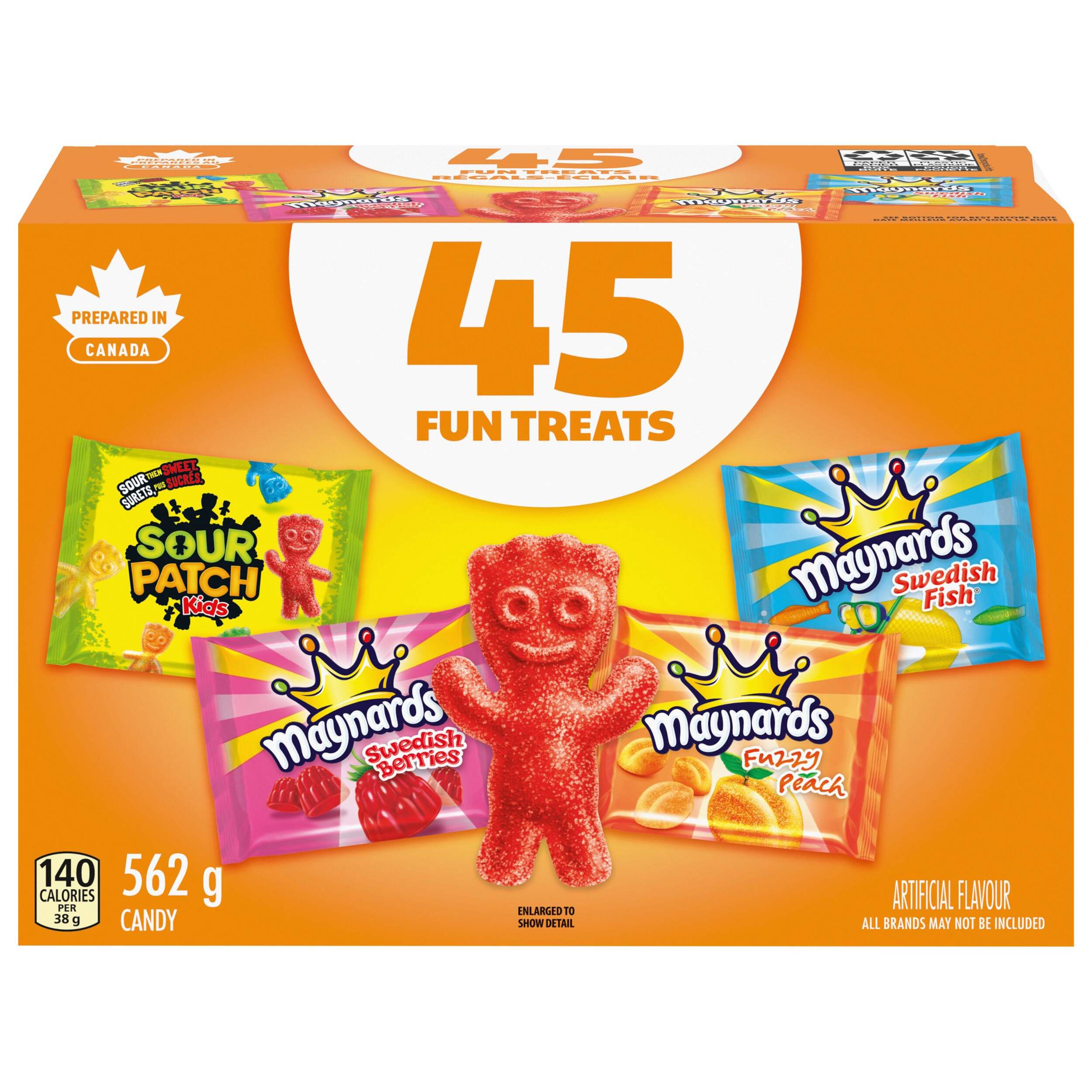 Maynards Assorted Mini Swedish Berries/Swedish Fish/Sour Patch Kids/Fuzzy Peach, Variety Pack, Multi-Coloured, 562-g, 45-pk, Candy for Halloween Front_Elevated