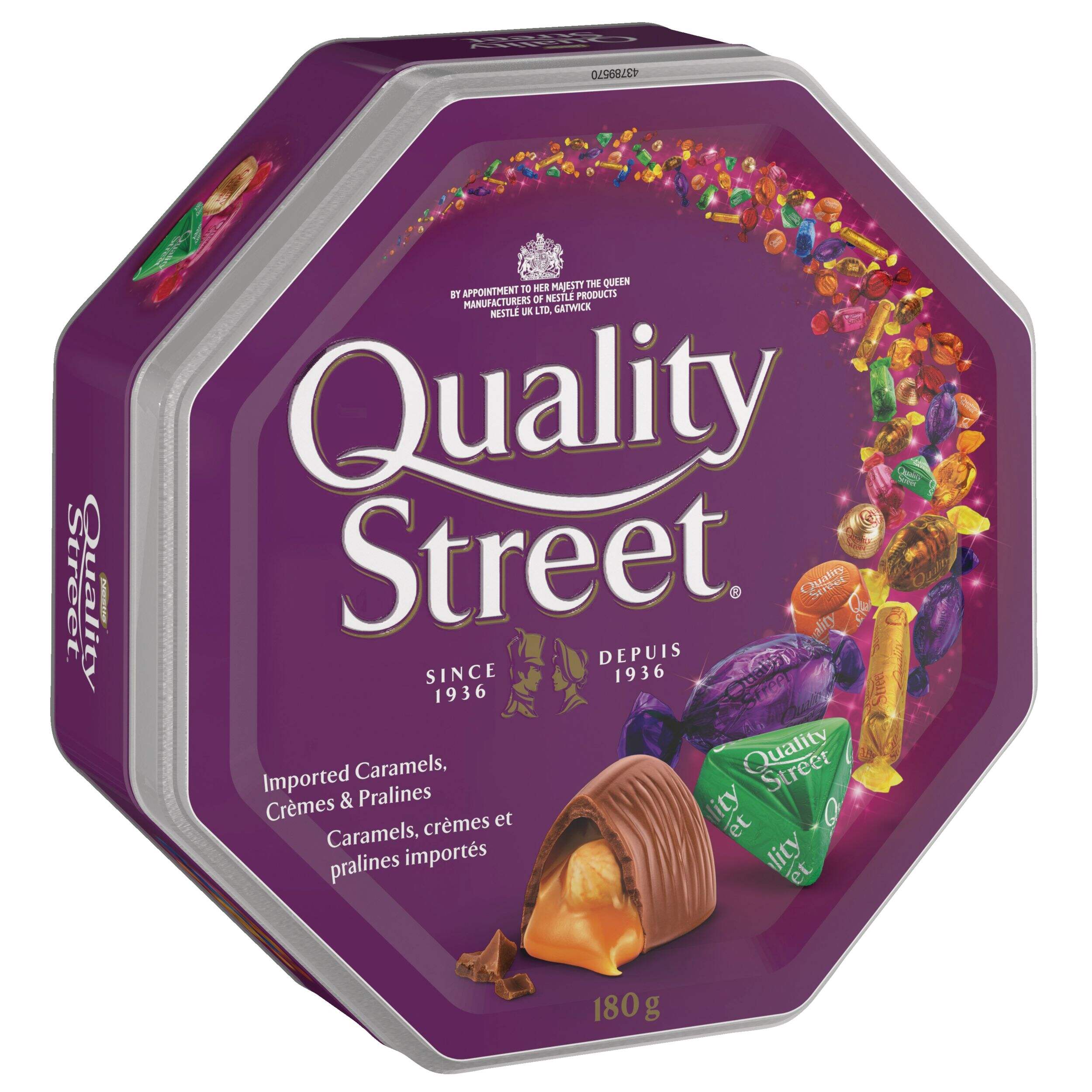 Quality Street Caramel and Chocolate Tin, 180-g Front_Angled_Right