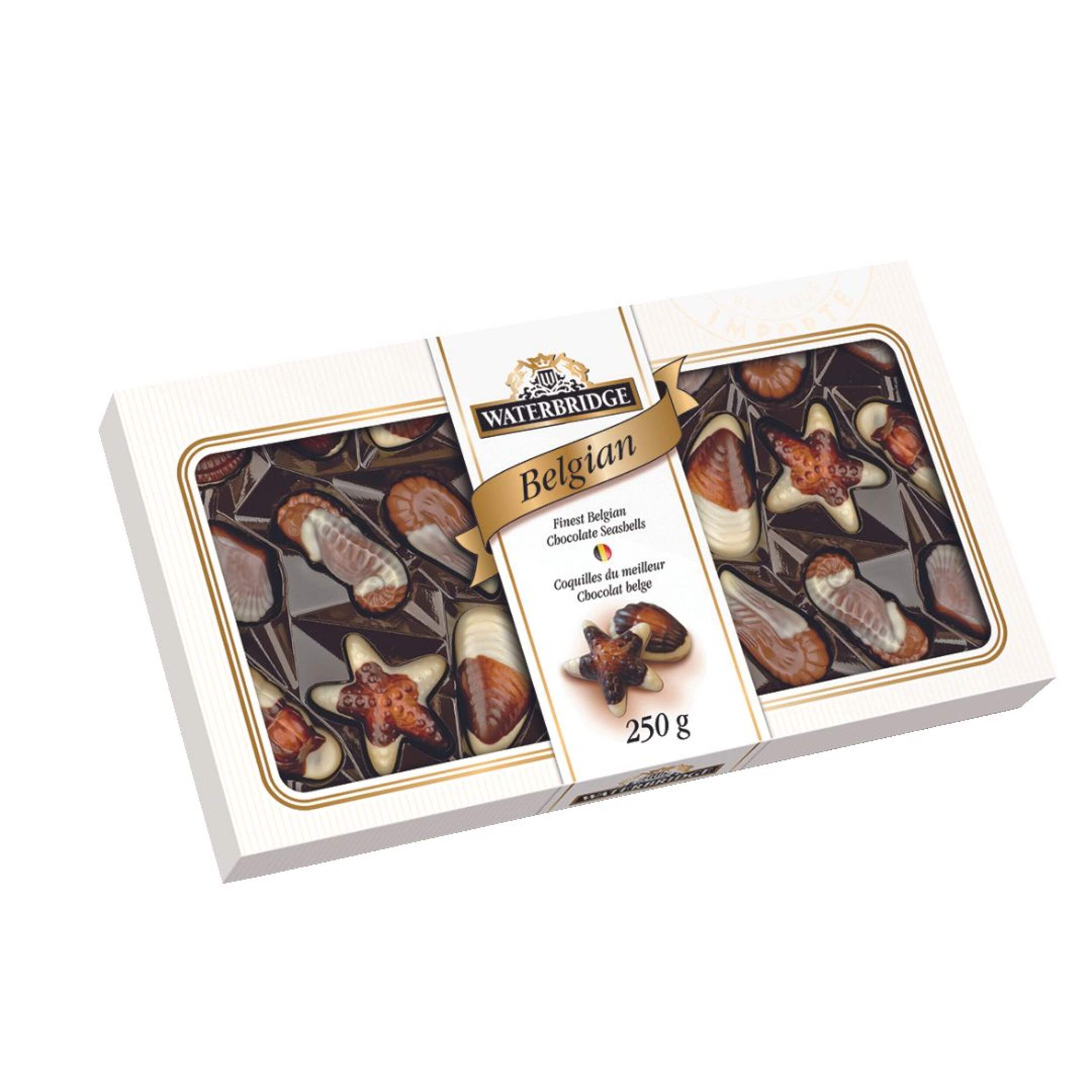 Waterbridge Belgian Chocolate Seashells Carton, 250-g Overhead_Plunge