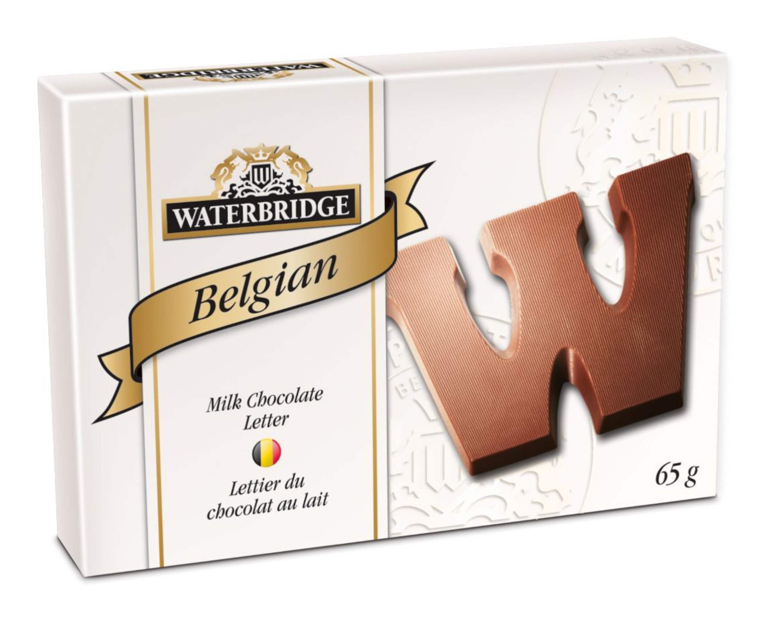 Waterbridge Belgian Milk Chocolate Letter, 65-g Front_Three_Fourths_Angled_Right