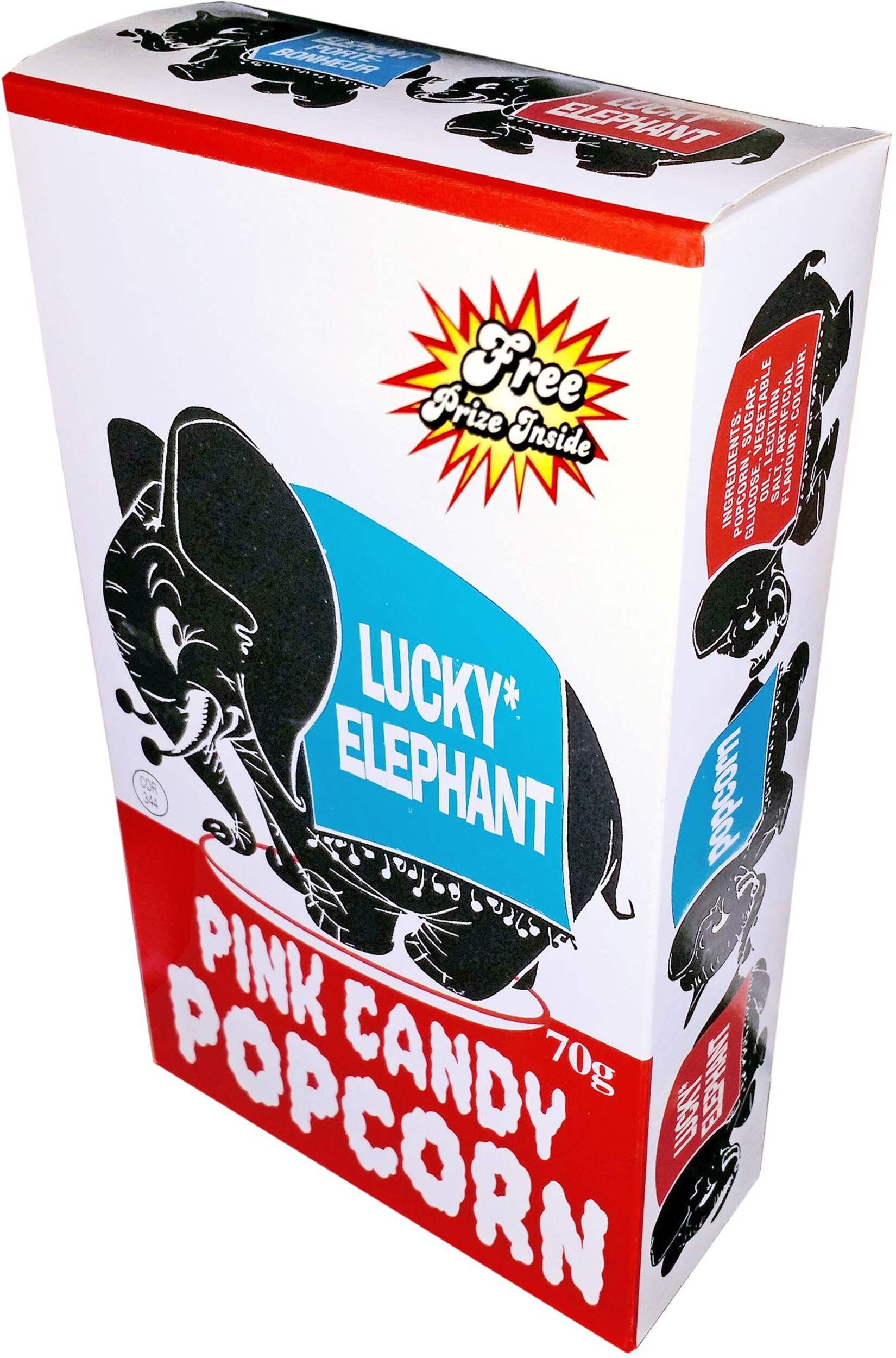 Lucky Elephant Pink Candy Popcorn, 70-g Front_Three_Fourths_Angled_Left