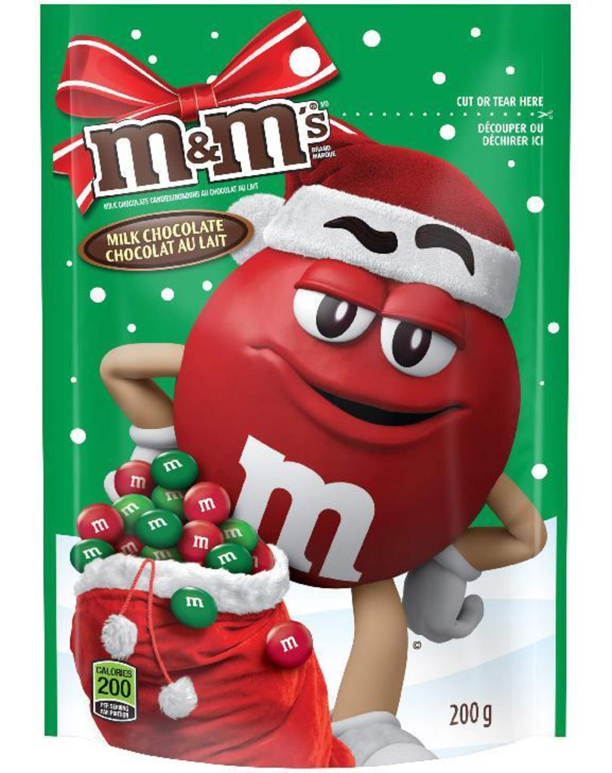 M&M Milk Chocolate Candy, Red/Green, 200-g Front_Flat