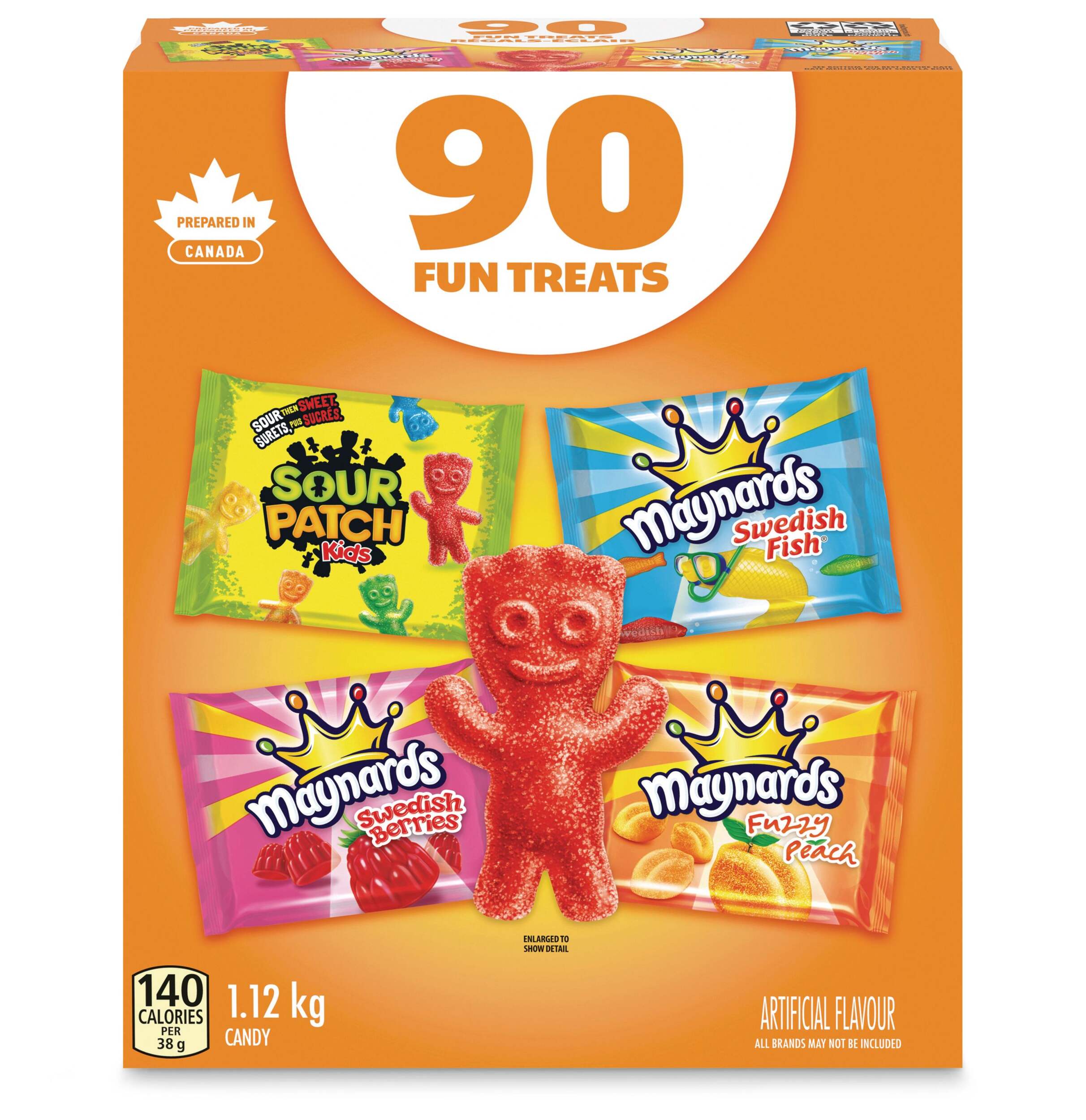 Maynards Assorted Mini Swedish Berries/Swedish Fish/Sour Patch Kids/Fuzzy Peach, Variety Pack, Multi-Coloured, 1.12-kg, 90-pk, Candy for Halloween Front_Flat