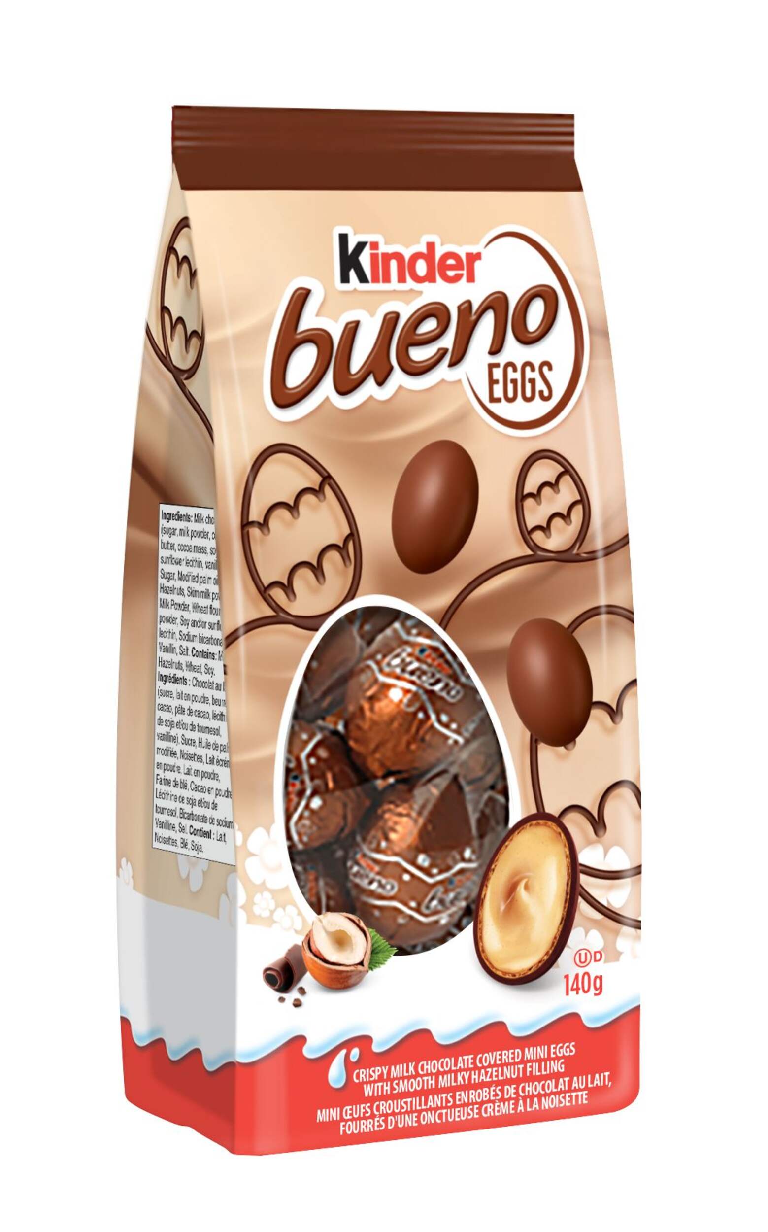 Neufs gaufrettes Kinder Bueno enrobées de chocolat au lait avec garniture aux noisettes et au chocolat, 140 g Front_Angled_Right