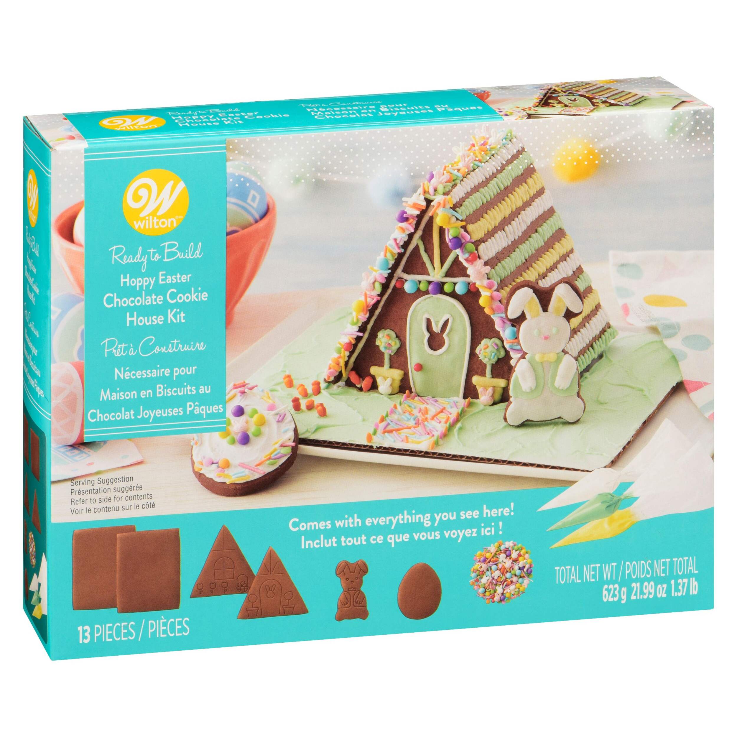 Wilton Ready To Build Easter House Chocolate Cookie Kit with Icing & Sprinkle Mix Front_Angled_Right