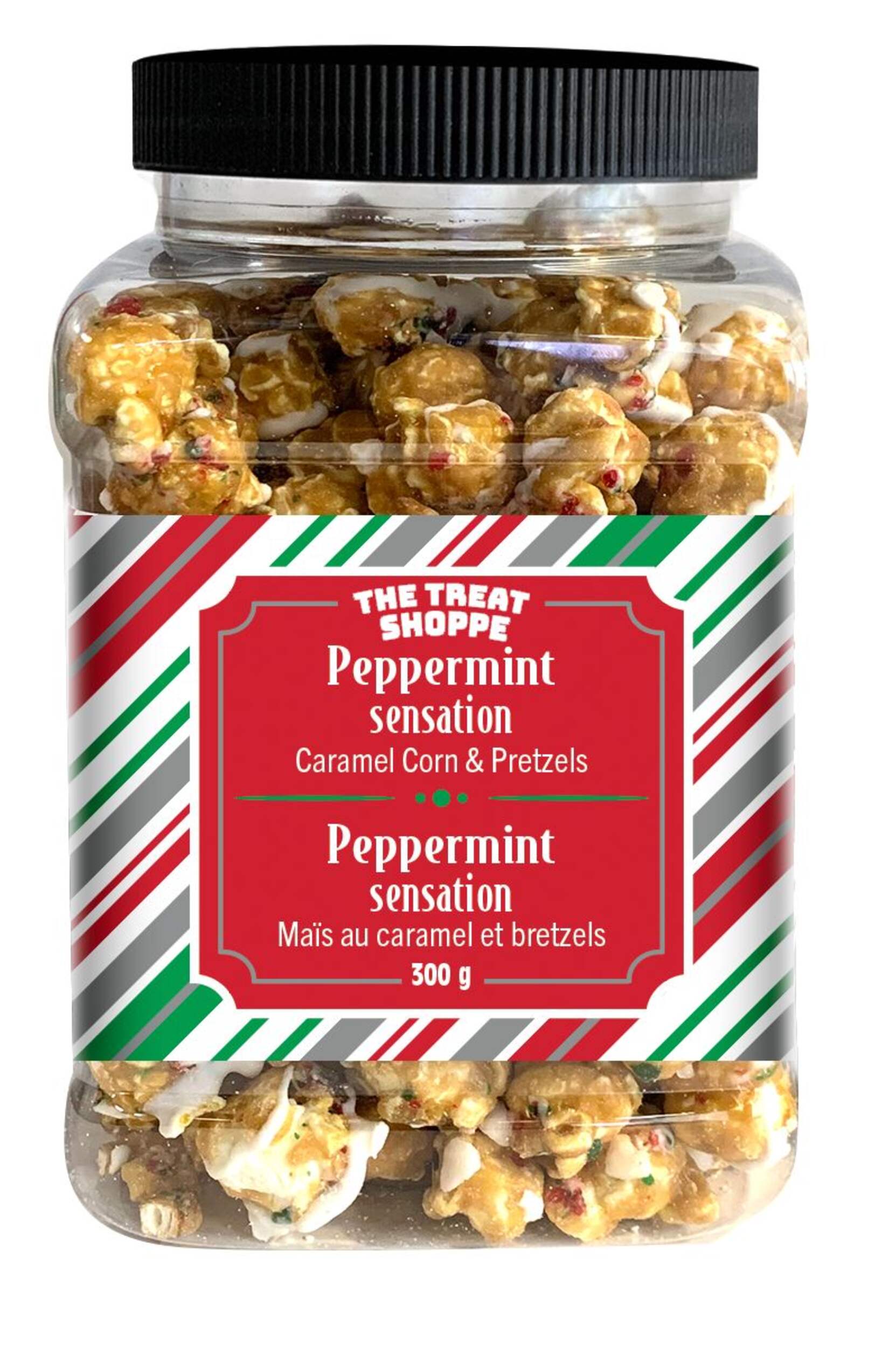 The Treat Shoppe Peppermint Sensation Caramel Corn & Pretzels, 300-g Front_Flat