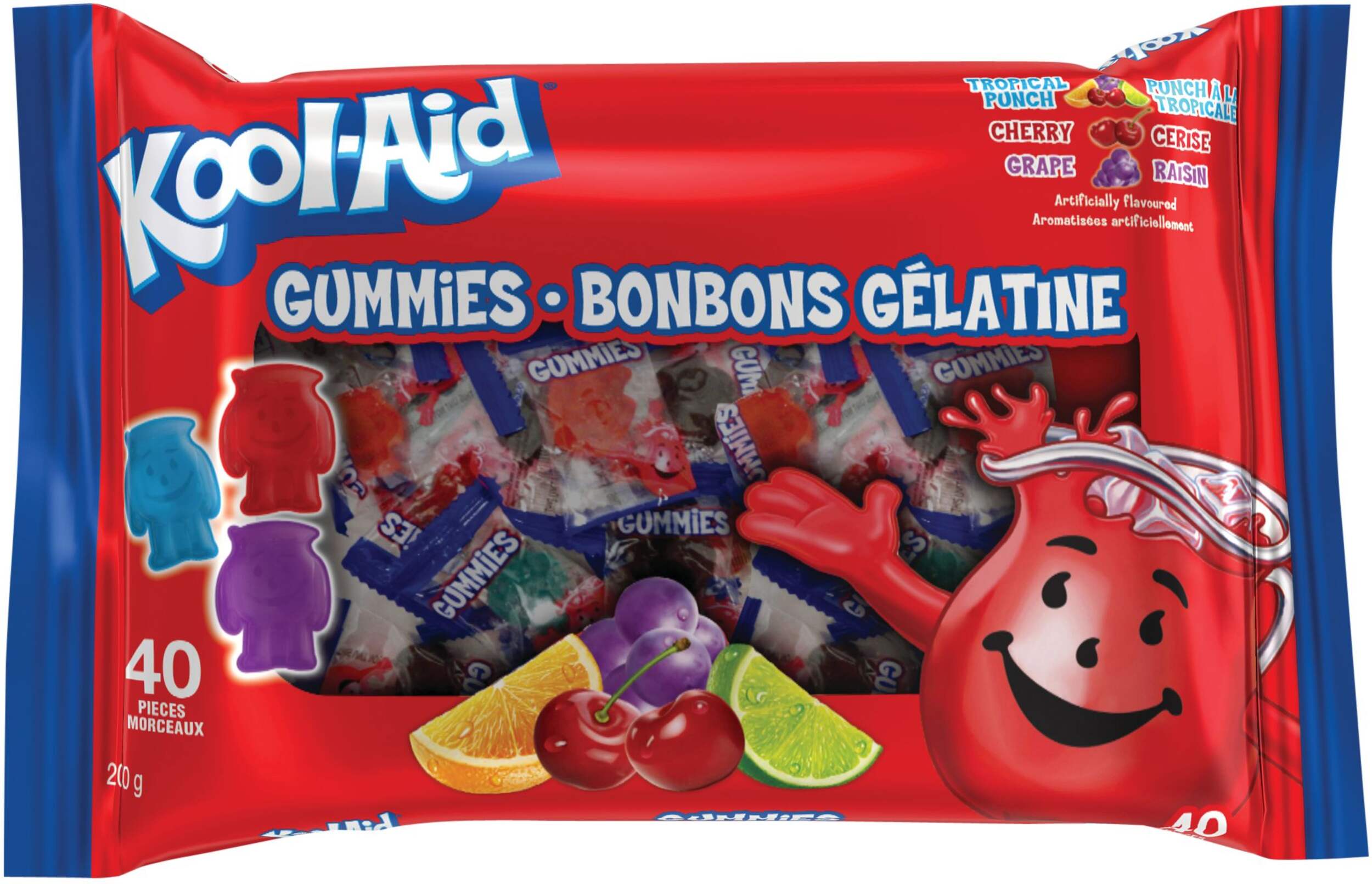 Bonbons gélifiés Kool-Aid, cerise/raisin/punch tropical, multicolore, 200 g, paq. 40 friandises pour l'Halloween Front_Flat