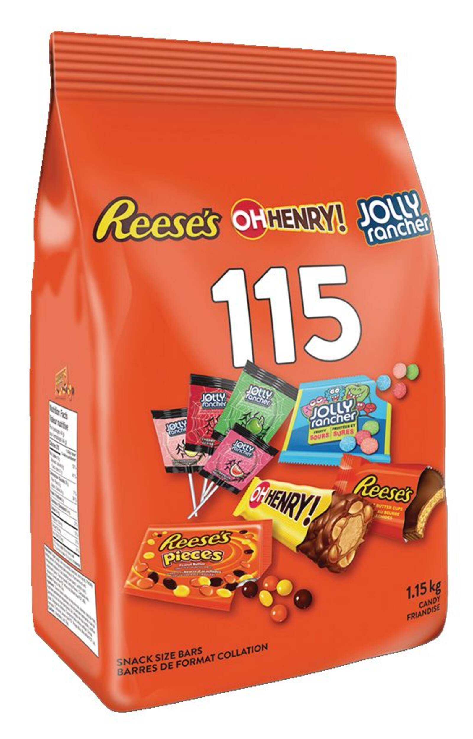 Assorted Mini Reeses/Oh Henry/Jolly Rancher, Variety Pack, Multi-Coloured, 1.15-kg, 115-pk, Candy for Halloween Front_Three_Fourths_Angled_Right