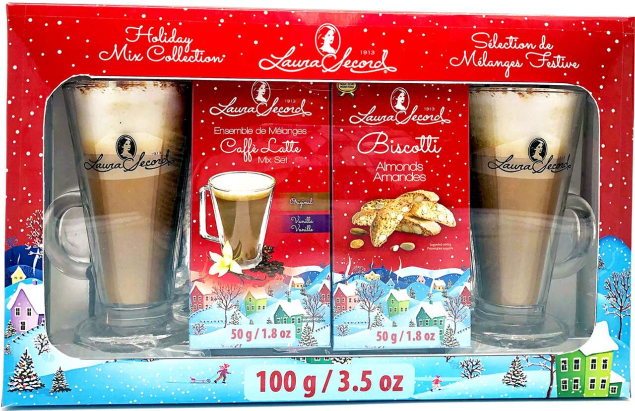 Ensemble-cadeau de café latte de la collection mélange des Fêtes Laura  Secord avec 2 tasses en verre et 100 g de mélange