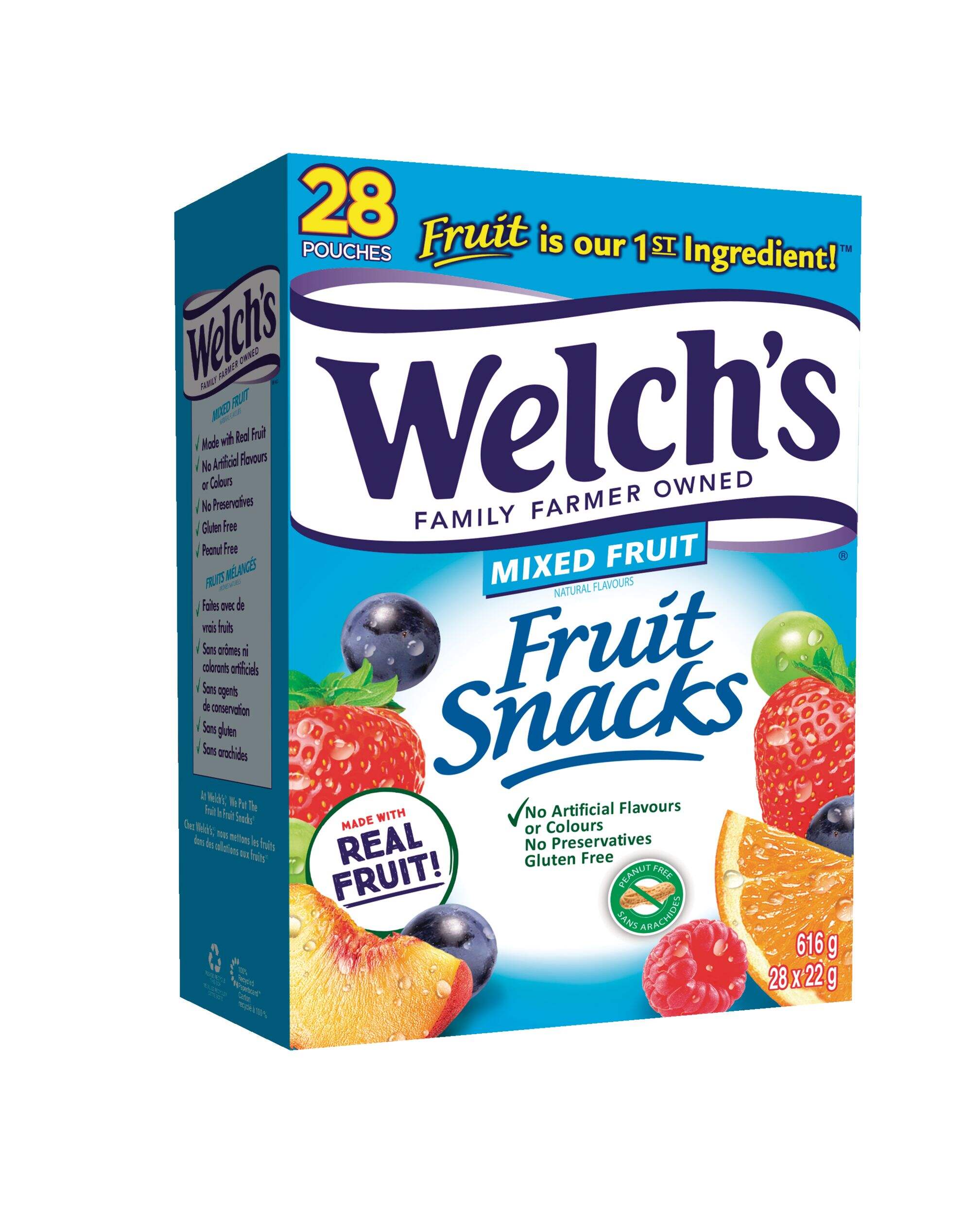 Welch's Fruit Gummy Snacks, Real Fruit, Multi-Coloured, 616-g, 28-pk, Candy for Halloween Front_Three_Fourths_Angled_Right