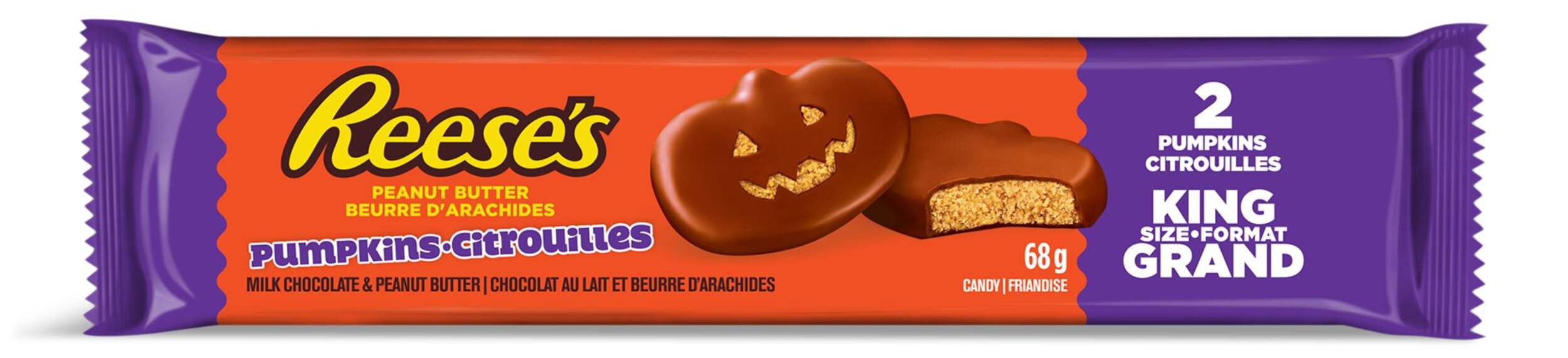 Reese’s Pumpkins Peanut Butter Cups King Size Pack, 68-g, 2-cups Front_Flat