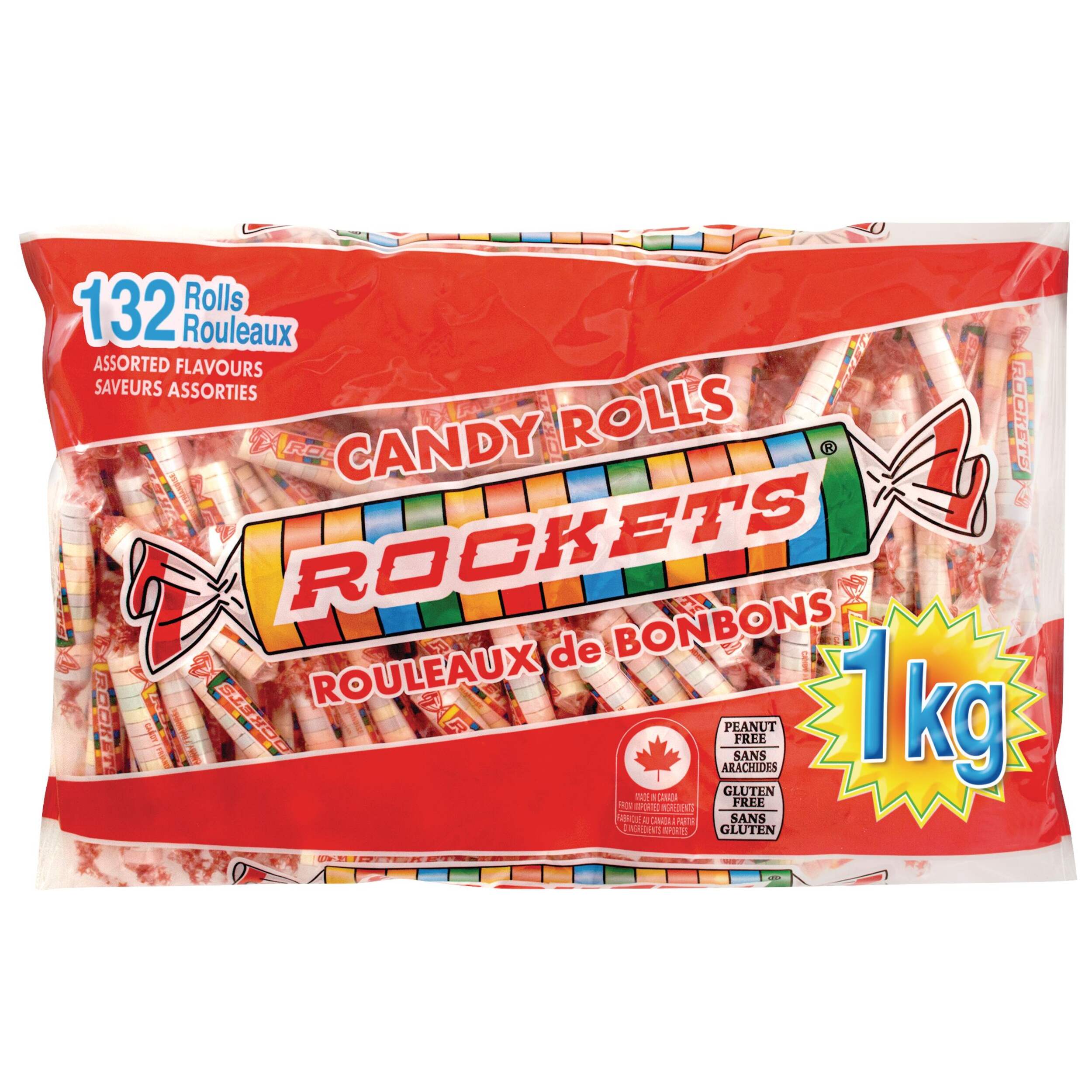Rocket Candy Rolls Tangy, Multi-Coloured, 1-kg, 132-pk, Candy for Halloween Front_Flat