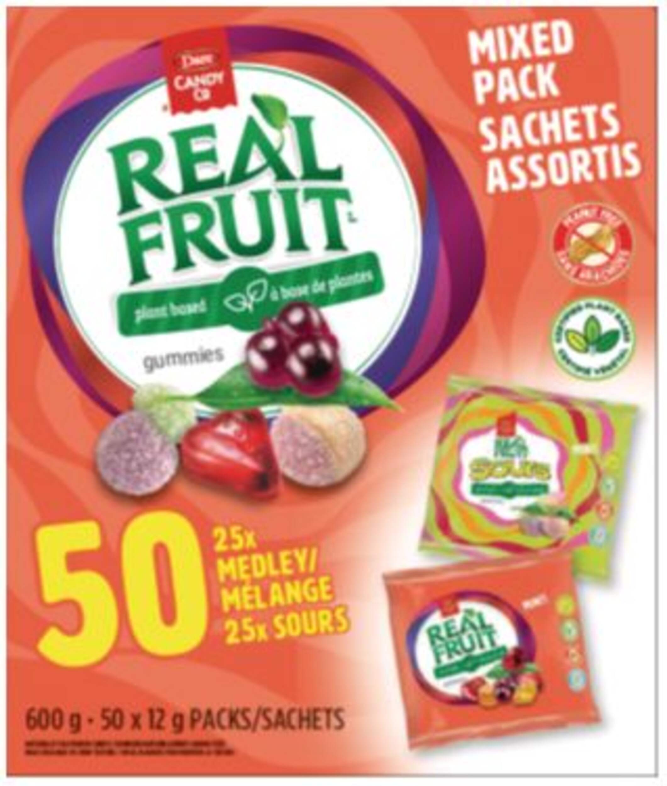DARE Real Fruit Gummies, Variety Pack, Multi-Coloured, 600-g, 50-pk, Candy for Halloween Front_Flat