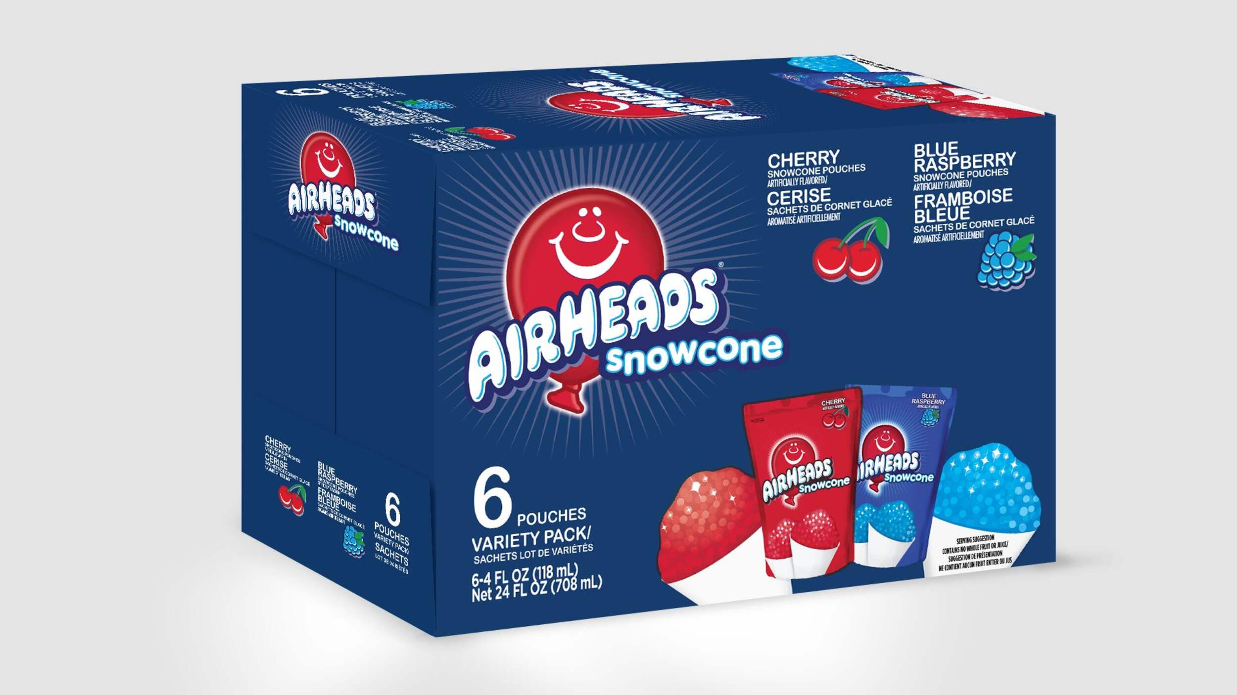 Airheads Snowcone Pouches Variety, Blue Raspberry & Cherry, 6-pk Front_Three_Fourths_Angled_Right