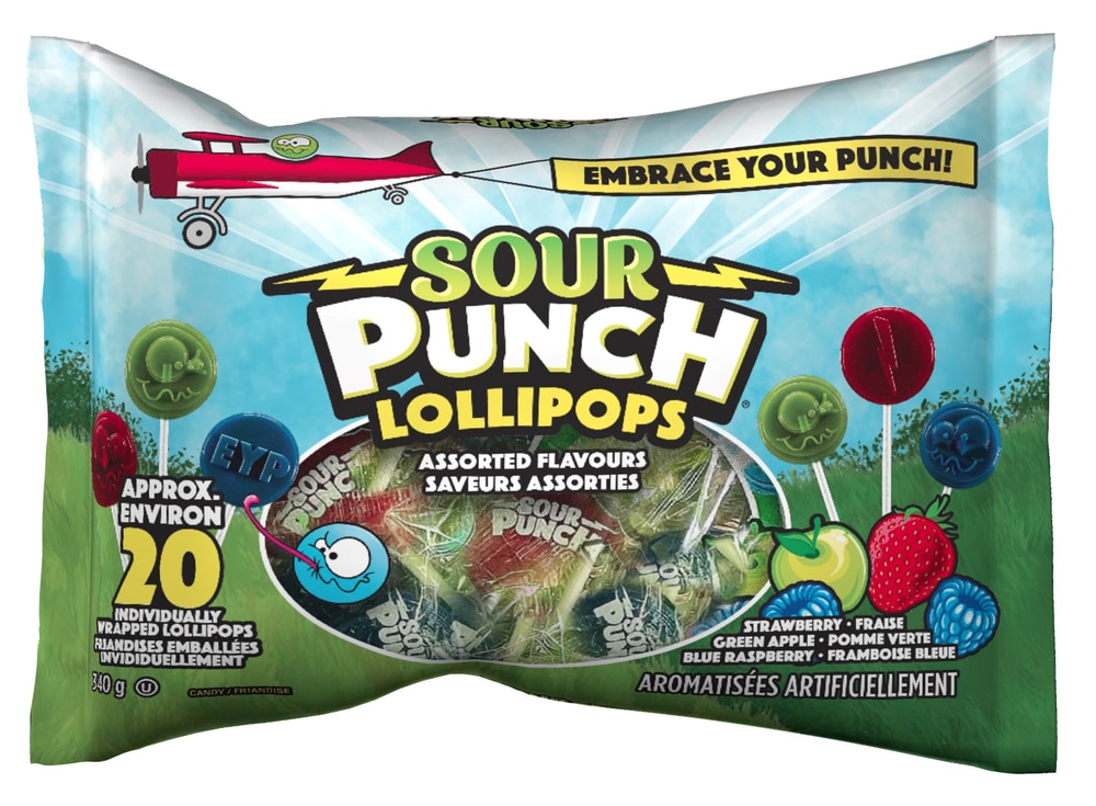 Sour Punch Assorted Flavour Lollipops, Strawberry, Green Apple & Blue