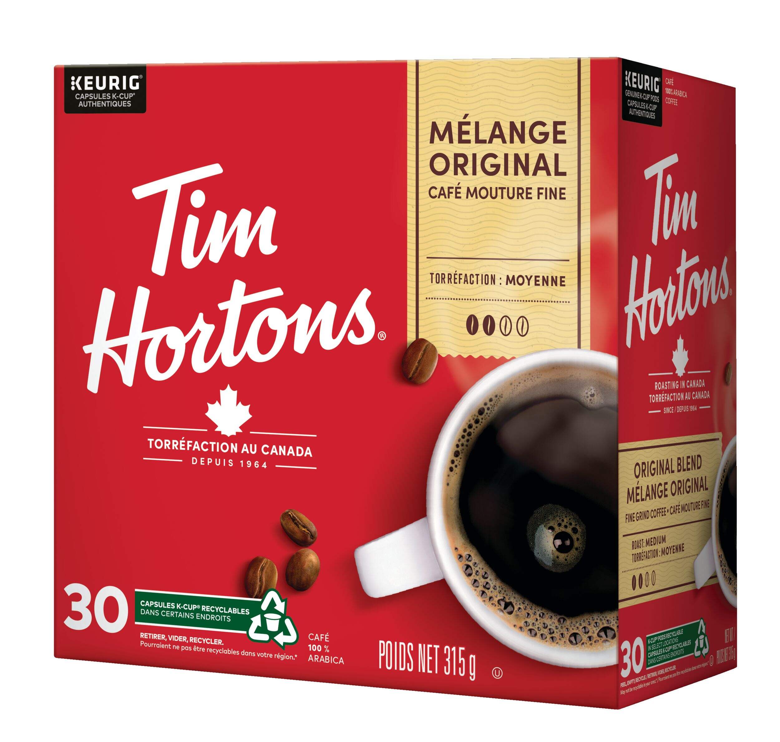 Dosettes K-Cup Keurig mélange original mouture fine Tim Horton, paq. 30, 315 g Front_Angled_Left