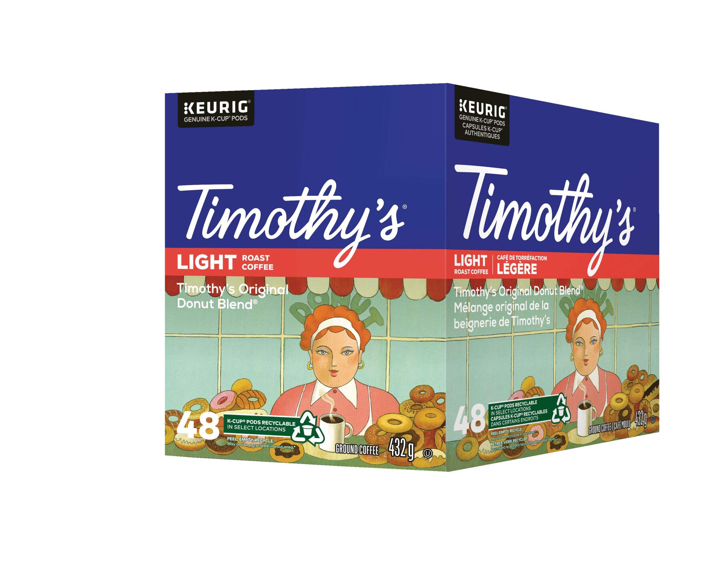Keurig Timothy's Original Donut Blend Light Roast K-Cup® Coffee Pods, 432-g, 48-pk Front_Three_Fourths_Angled_Right