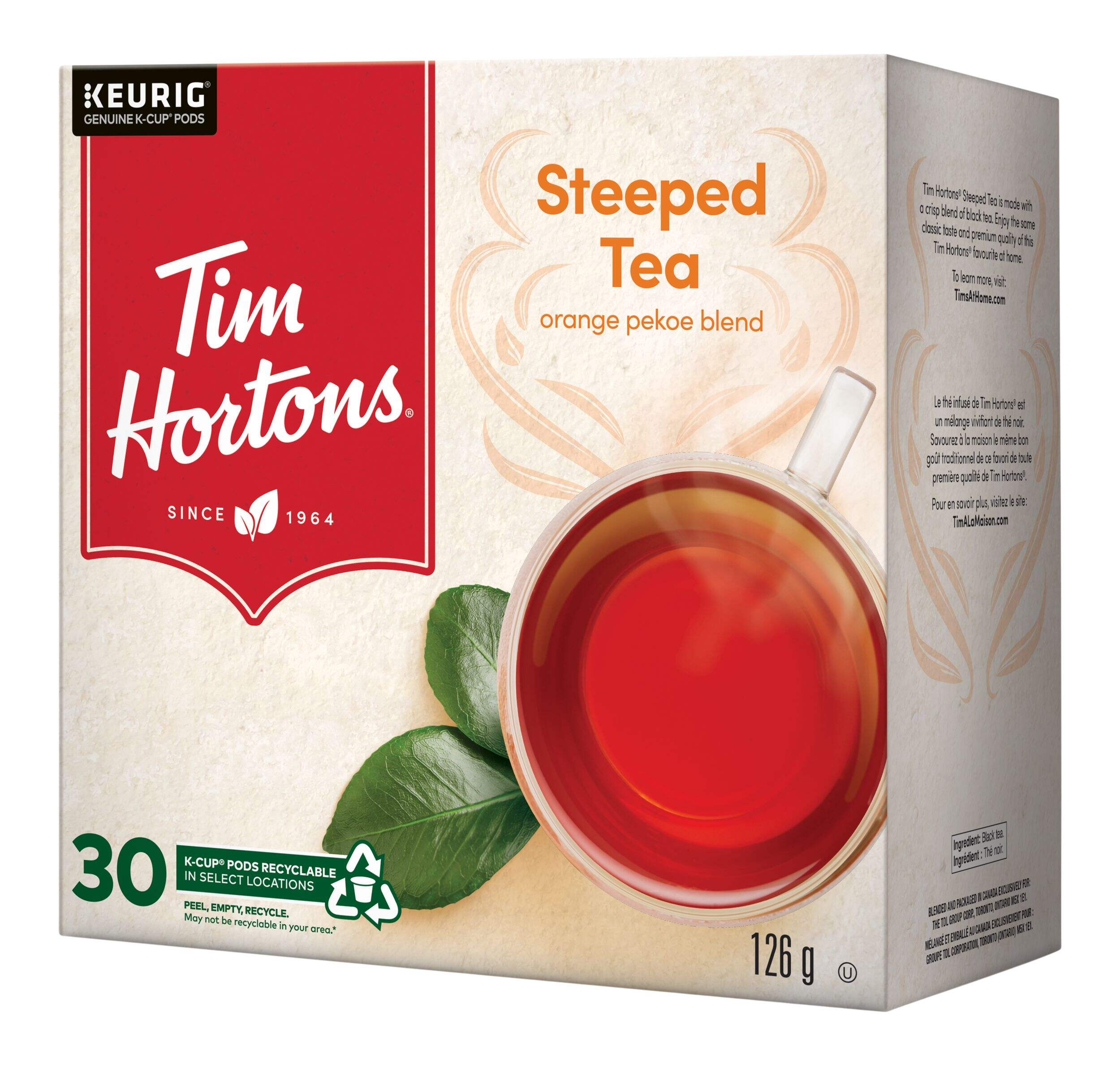 Keurig Tim Hortons Steeped Tea Orange Pekoe Blend K-Cup® Tea Pods, 126-g, 30-pk Front_Angled_Left