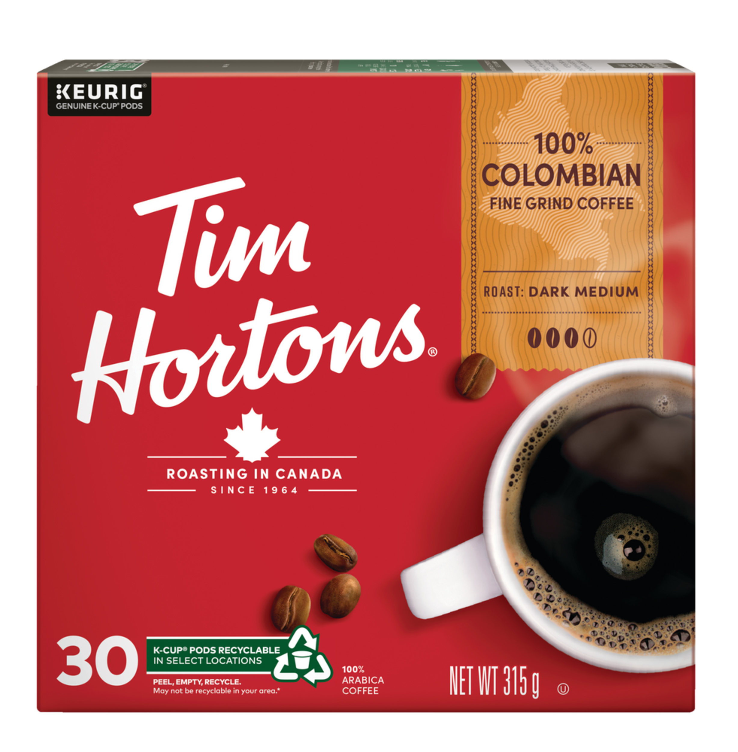 Keurig Tim Horton's 100% Colombian Dark Medium Roast K-Cup® Coffee Pods, 315-g, 30-pk Front_Elevated