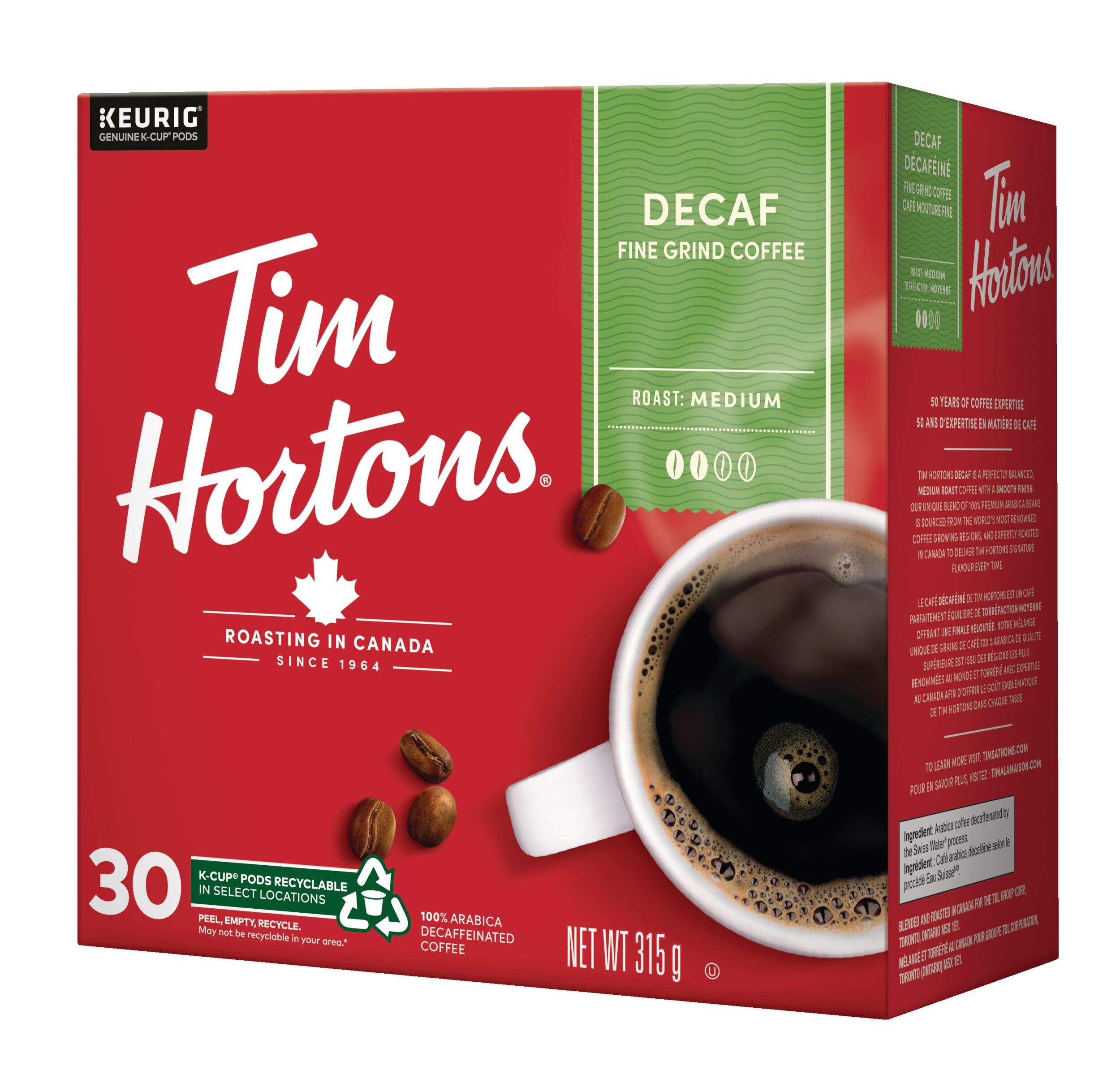 Keurig Tim Hortons Decaf Fine Grind Medium Roast K-Cup® Coffee Pods, 315-g, 30-pk Front_Angled_Left