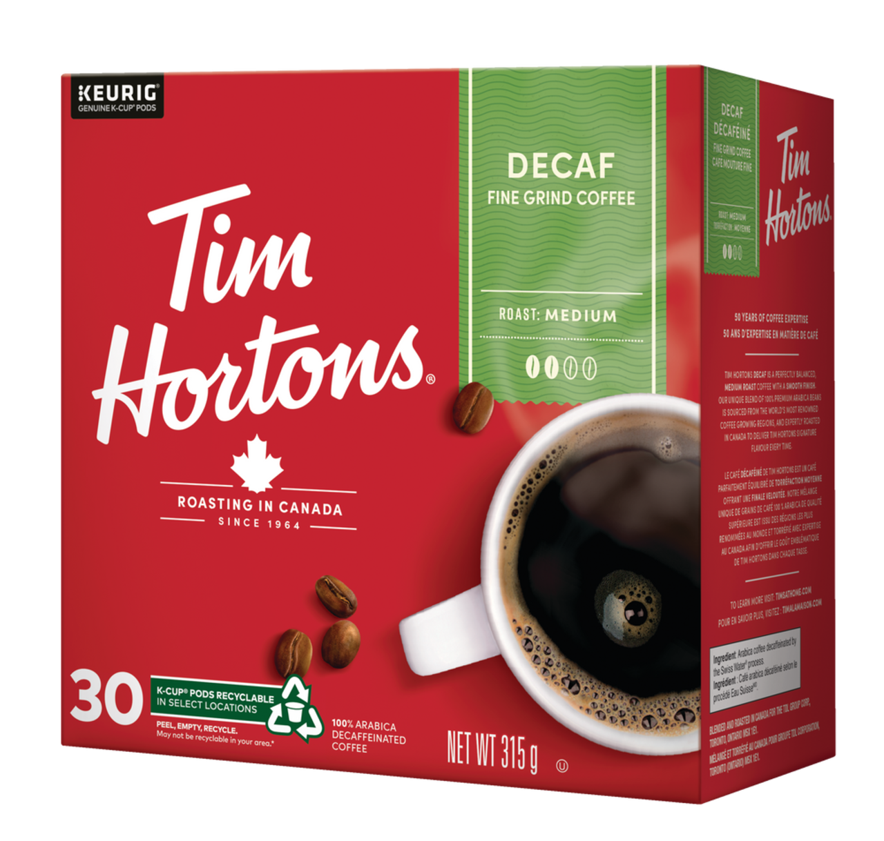 Keurig Tim Hortons Decaf Fine Grind Medium Roast K Cup Coffee Pods 315 g 30 pk