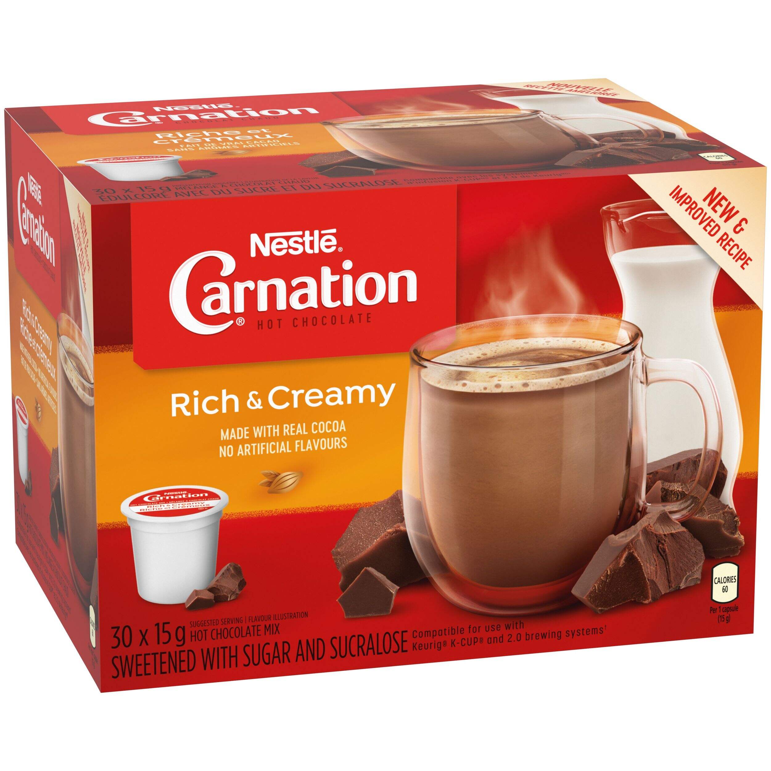 Nestle Carnation Rich & Creamy Hot Chocolate K-Cup® Pods, 450-g, 30-pk Front_Angled_Right