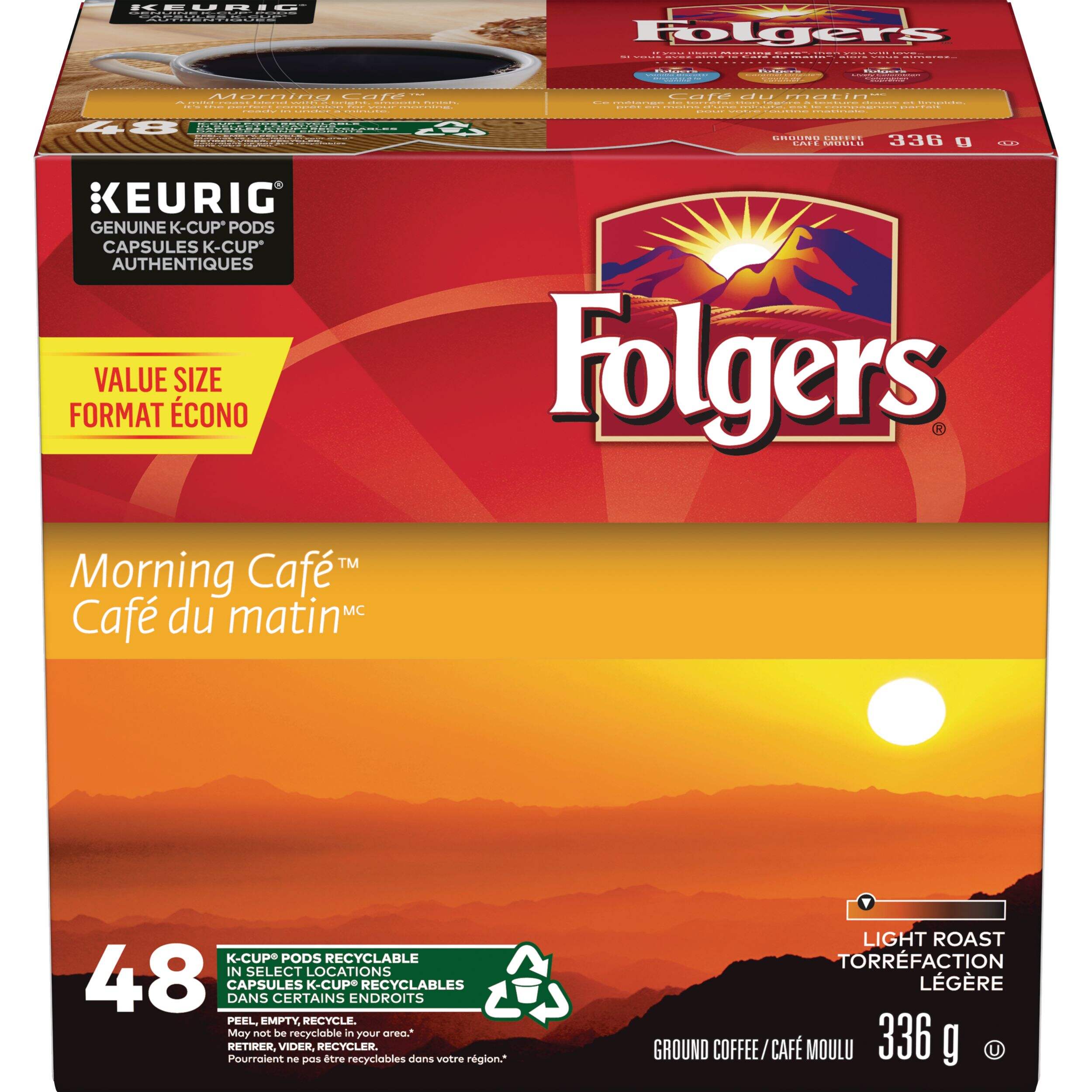 Keurig Folgers Morning Cafe® Light Roast K-Cup® Coffee Pods, 336-g, 48-pk Front_Elevated