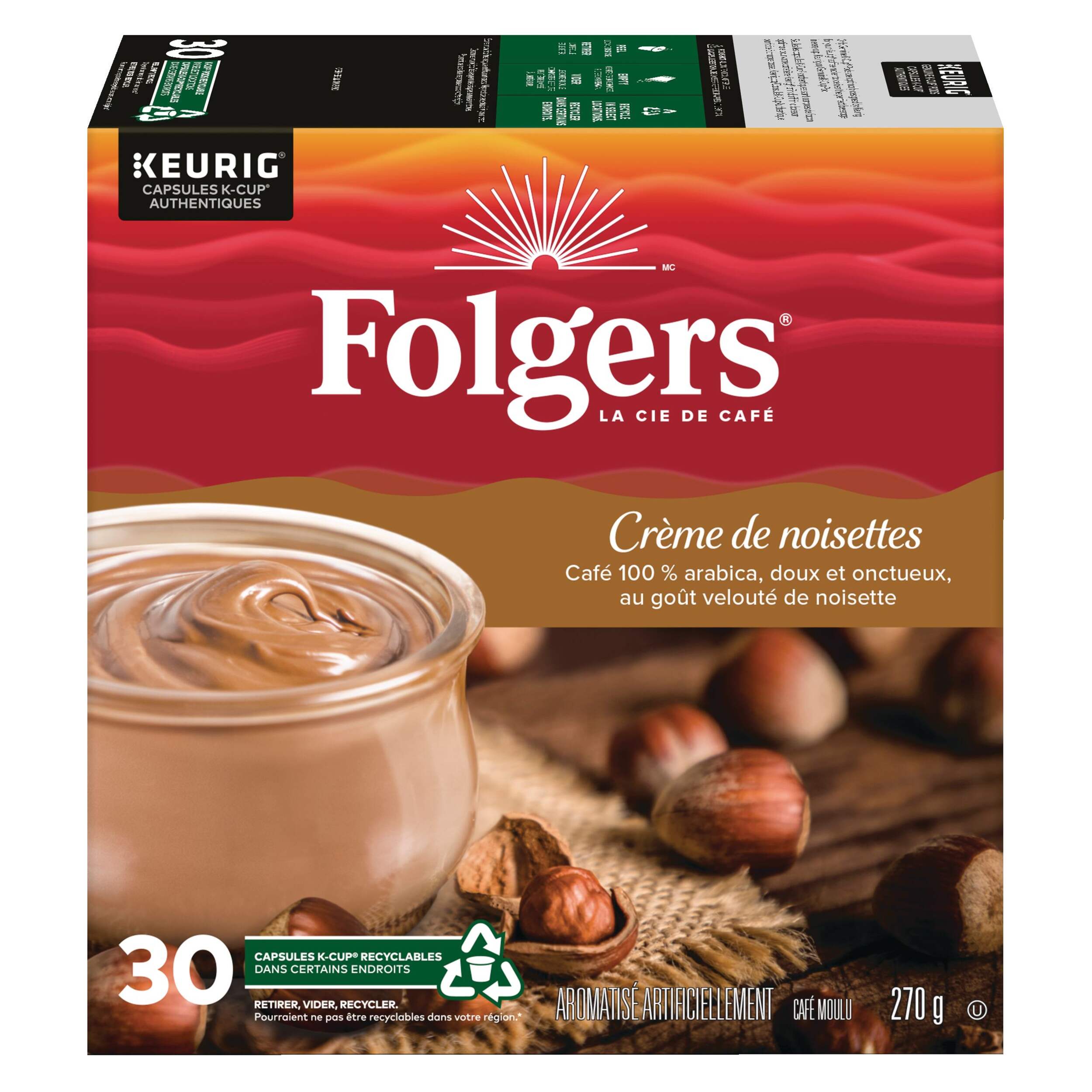 Dosettes de café K-Cup Keurig Folgers, crème de noisette, doux et onctueux, 270 g, paq. 30 Front_Elevated
