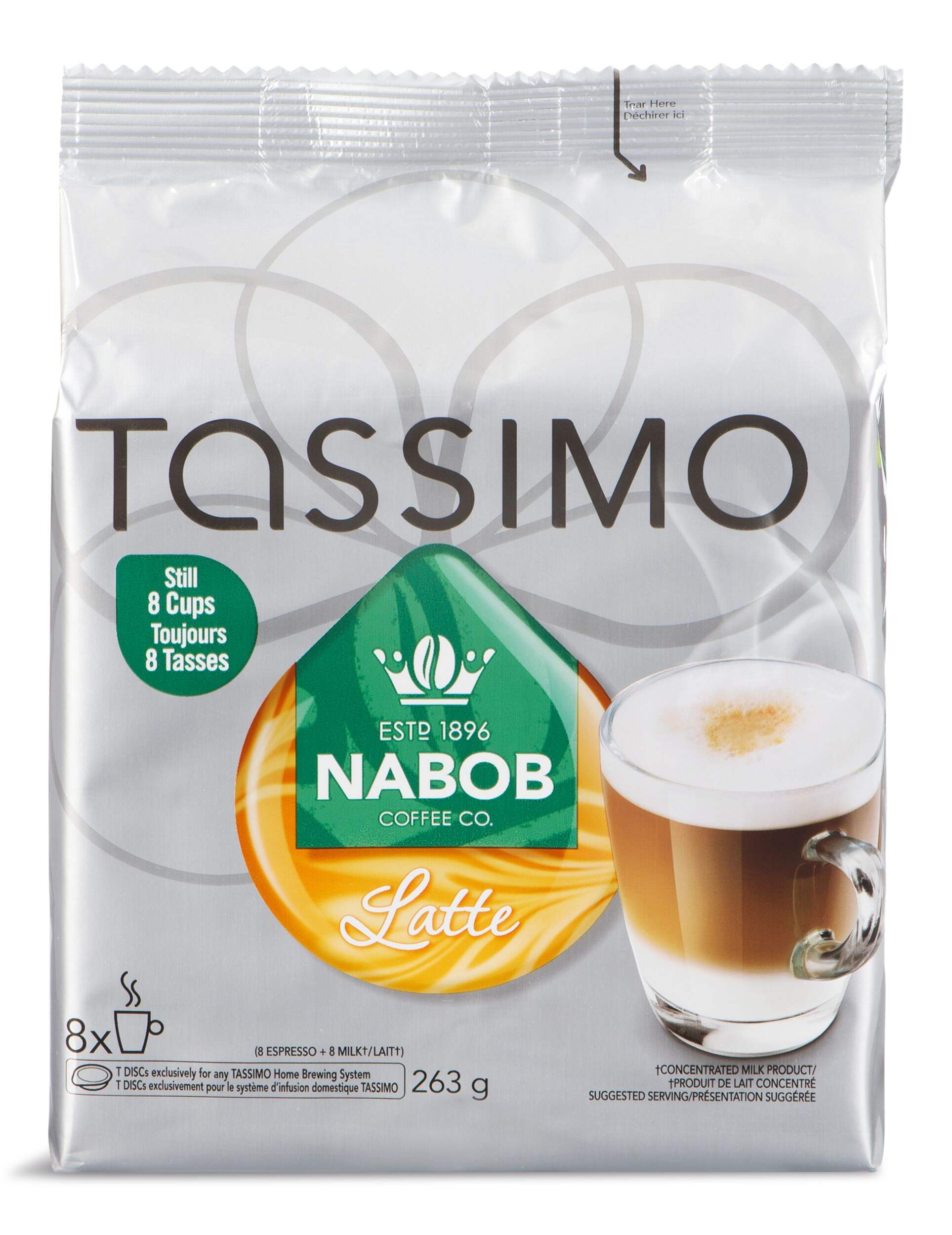 Tassimo Nabob Single-Serve Latte T-Discs, 263-g, 8-pk Front_Flat