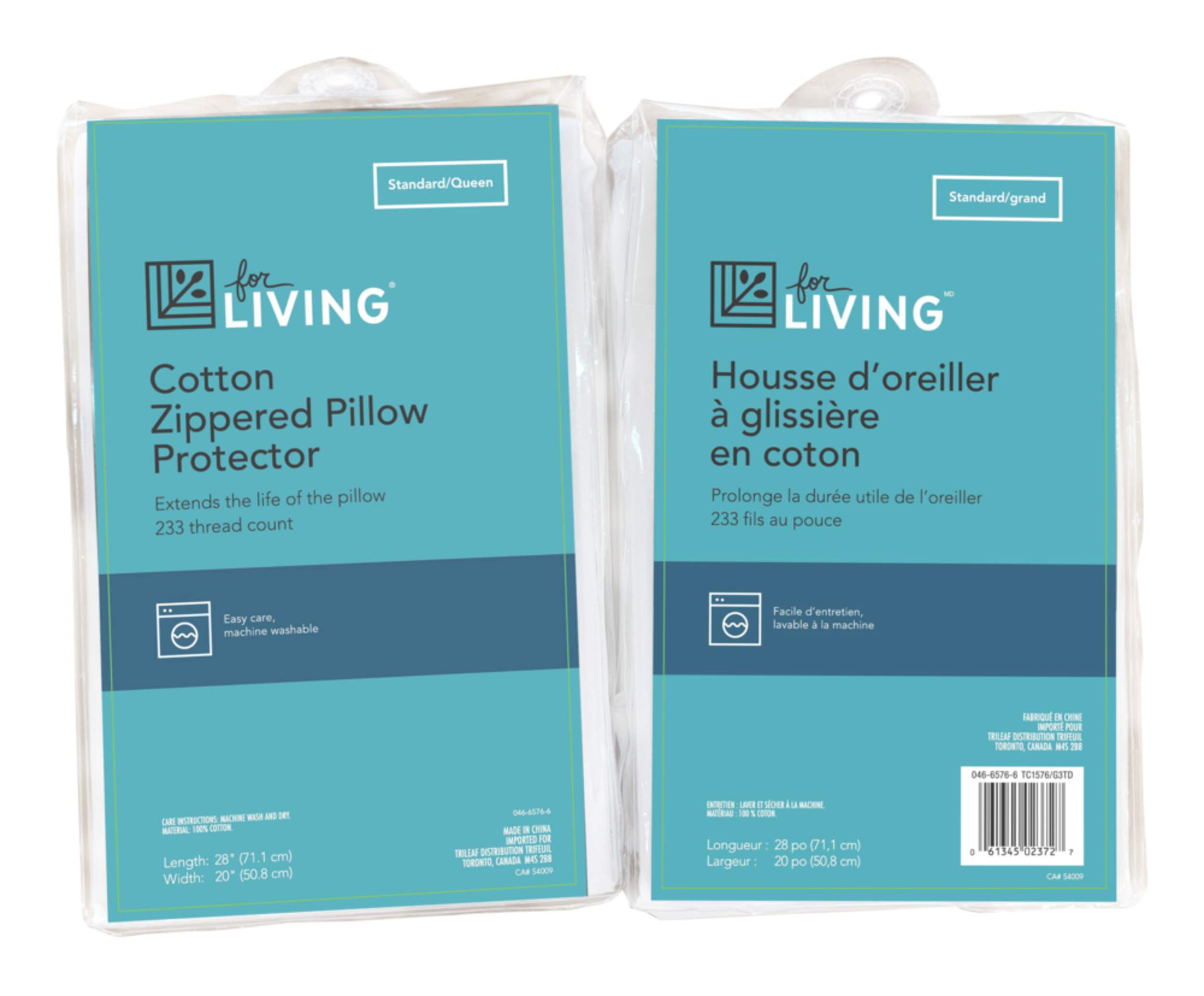 For Living 100% Cotton Zippered Pillow Protector, Standard/Queen, White Front_Flat