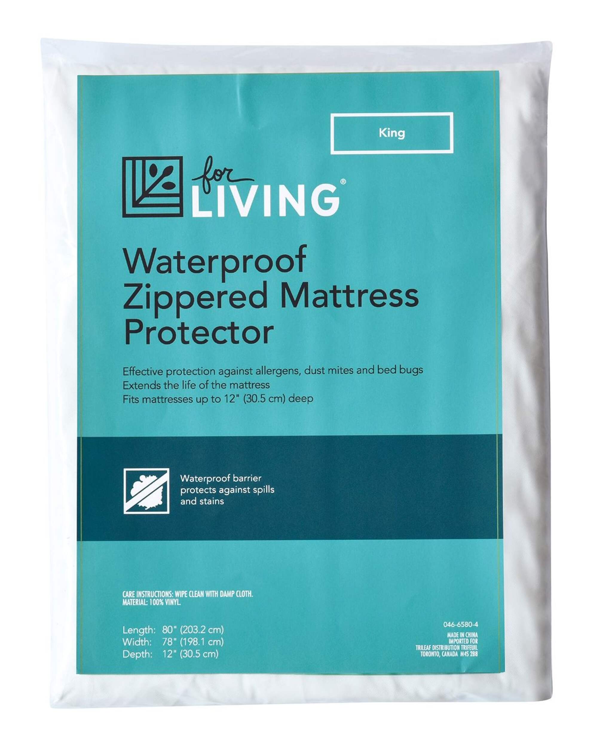 For Living Vinyl Zippered Mattress Protector, King, White Front_Flat