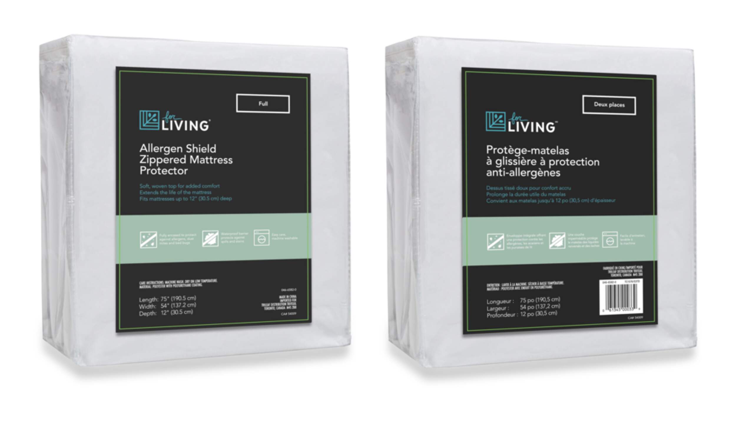 Protège-matelas hydrofuge à glissière For Living Allergen Shield, 2 places, blanc Composite_or_Mixed