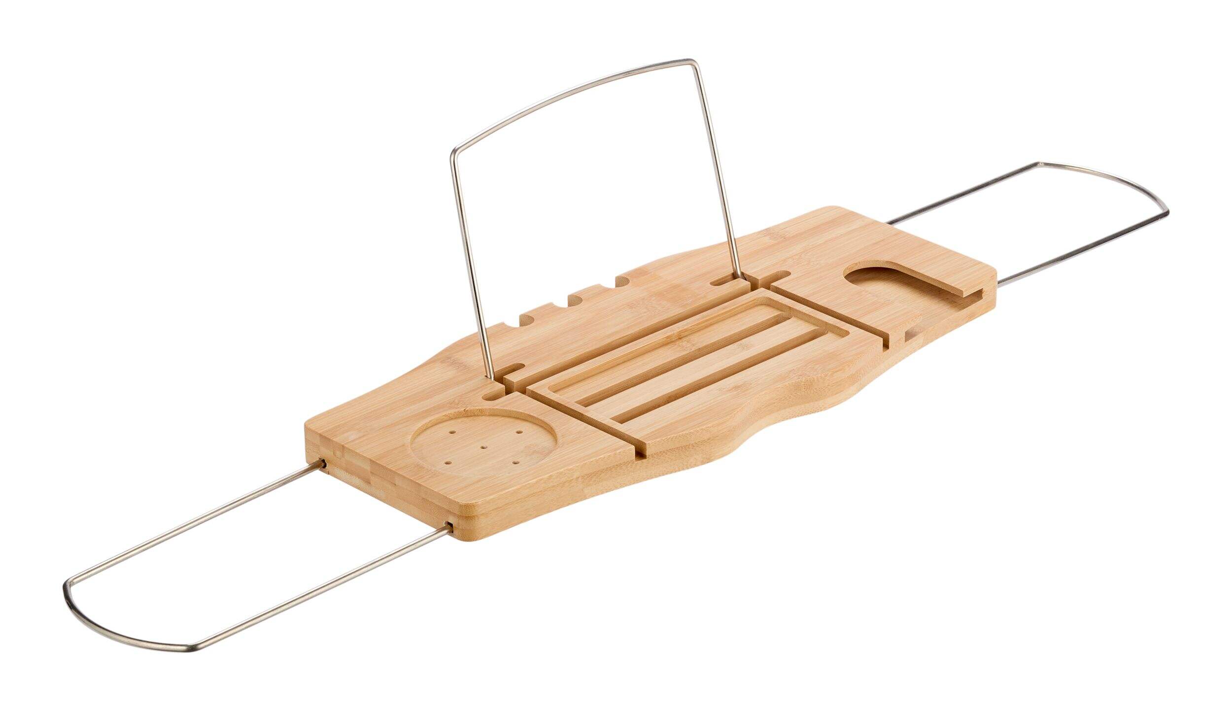 Type A Over-The-Bath Bamboo Wooden Adjustable Bath Tub Tray Front_Three_Fourths_Angled_Right
